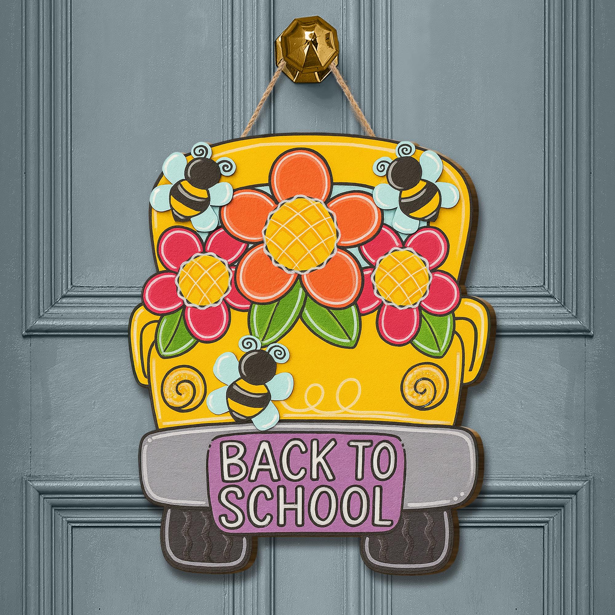 Back to School Door Sign, Yellow Bus Classroom Decor with Bees and Flowers, Teacher Welcome Sign, First Day of School Gift