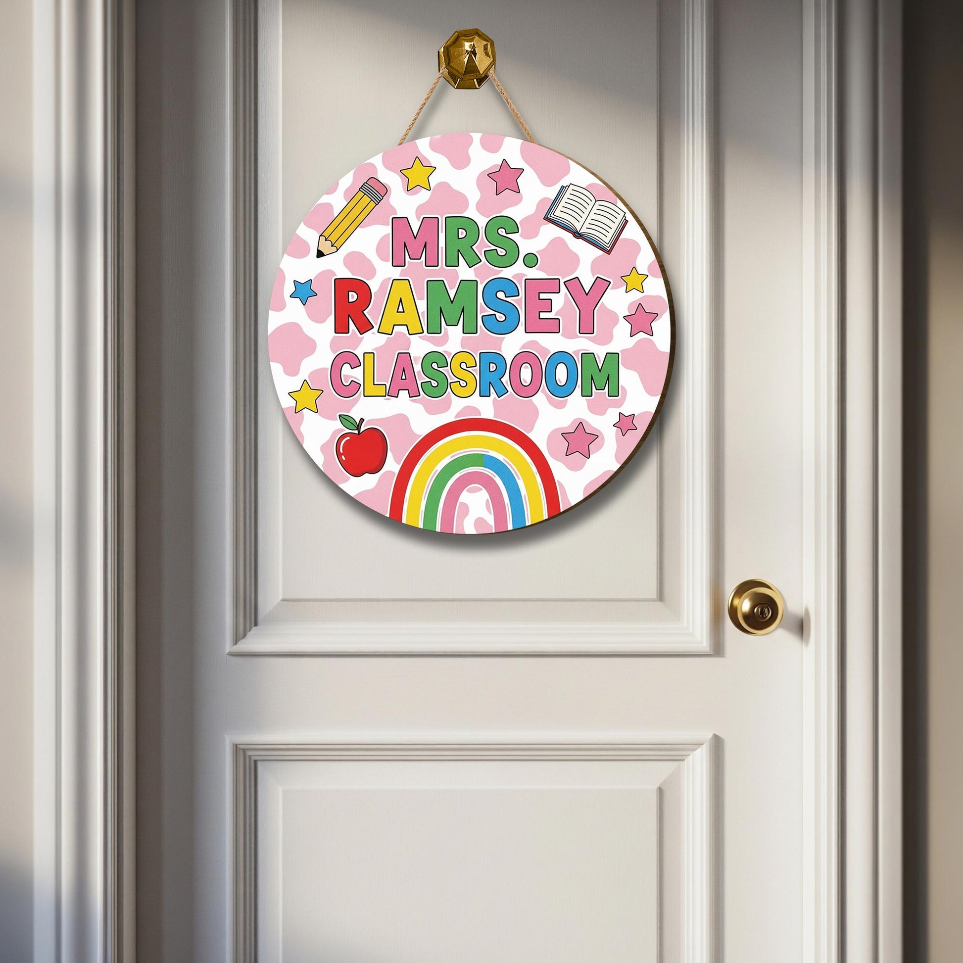 Colorful Classroom Door Sign, Personalized Teacher Name Sign with Rainbow and Stars, Cute School Decor, Back to School Gift