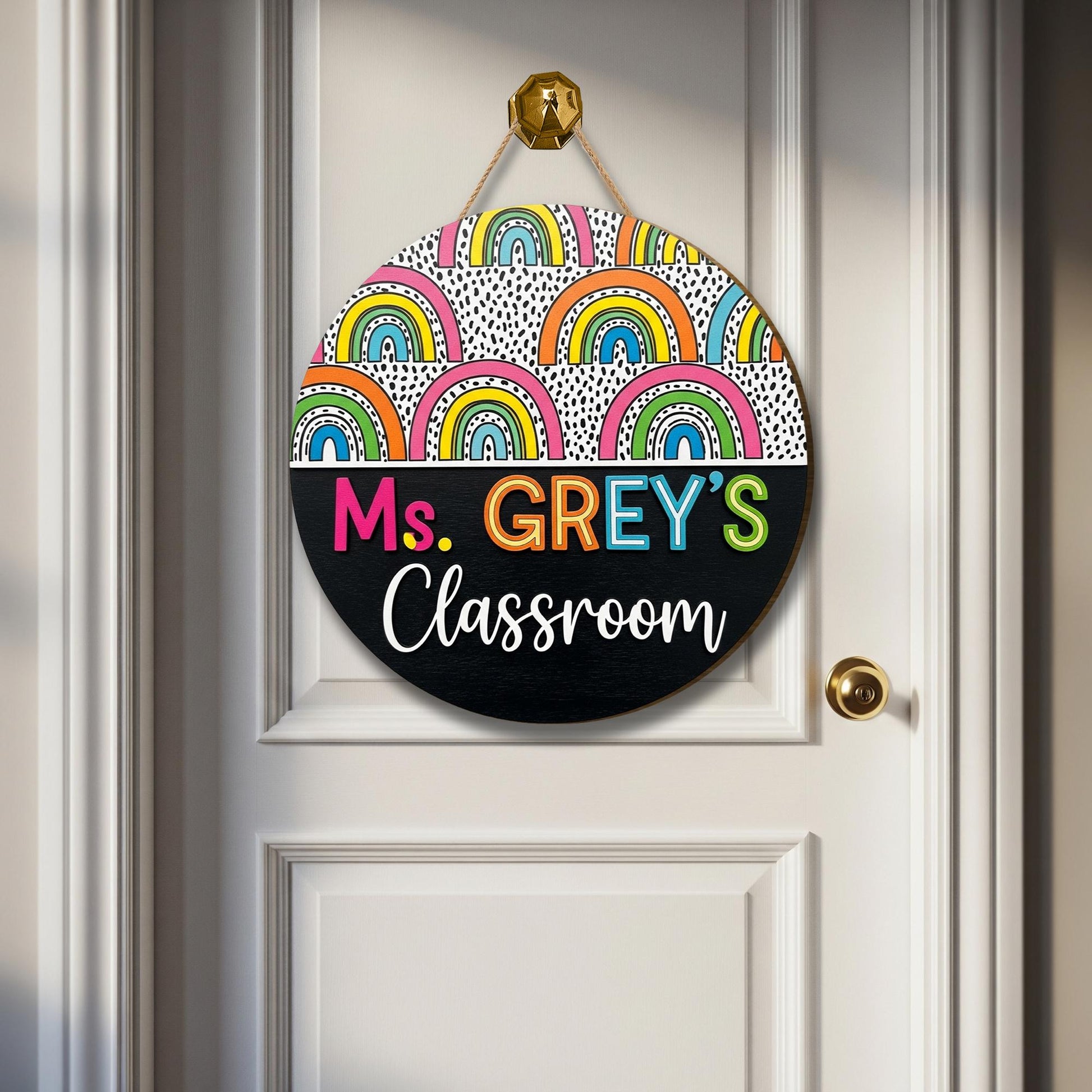 Rainbow Teacher Door Sign, Personalized Classroom Decor with Black and White Dots, Colorful Back to School Gift, Custom Wood Sign