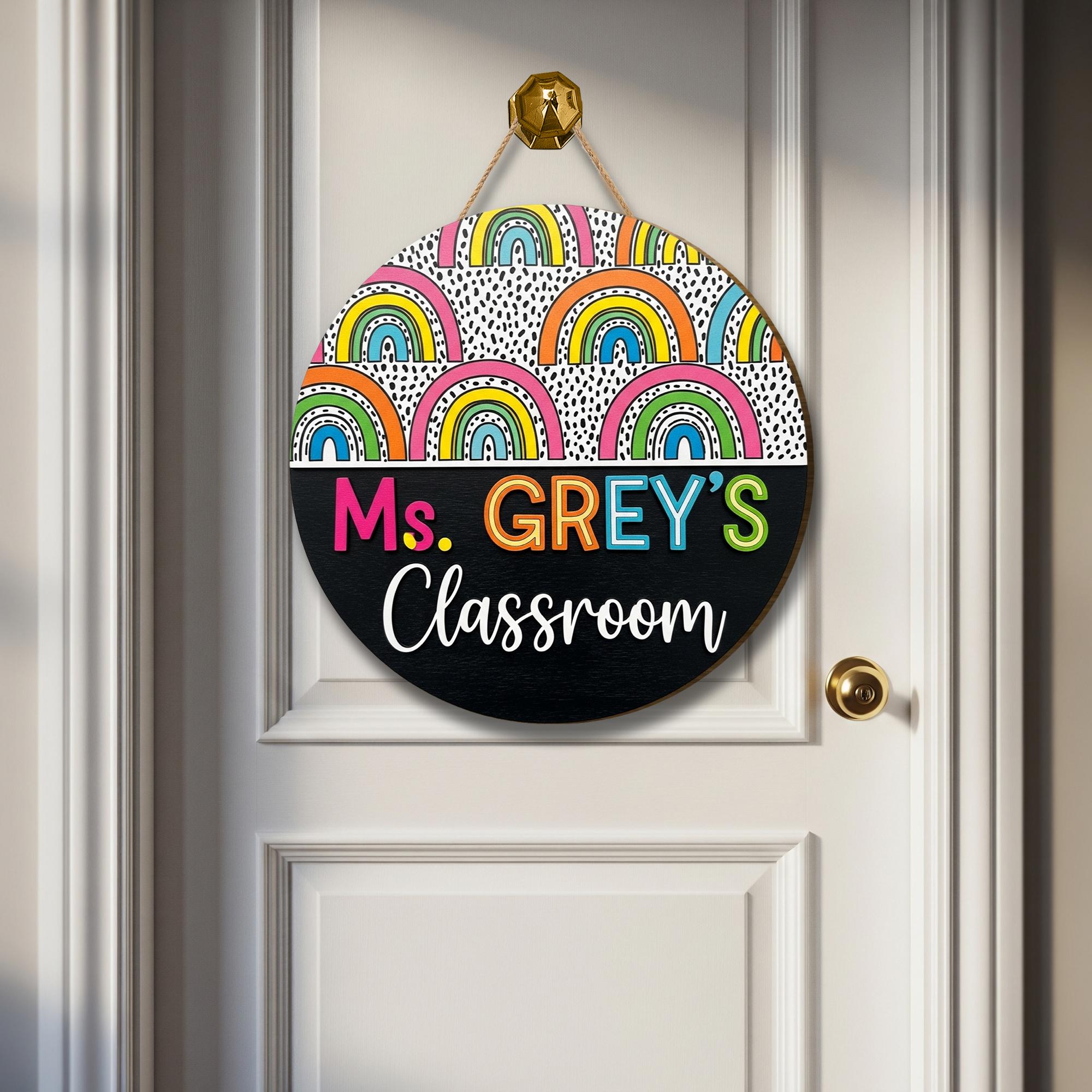 Rainbow Teacher Door Sign, Personalized Classroom Decor with Black and White Dots, Colorful Back to School Gift, Custom Wood Sign