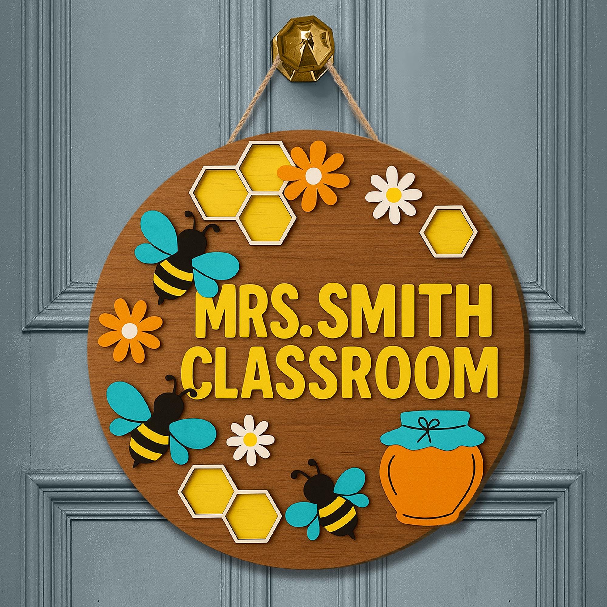Bee Classroom Door Sign, Personalized Teacher Sign with Honeycomb and Flowers, Custom Back to School Decor, Wood Round Door Hanger