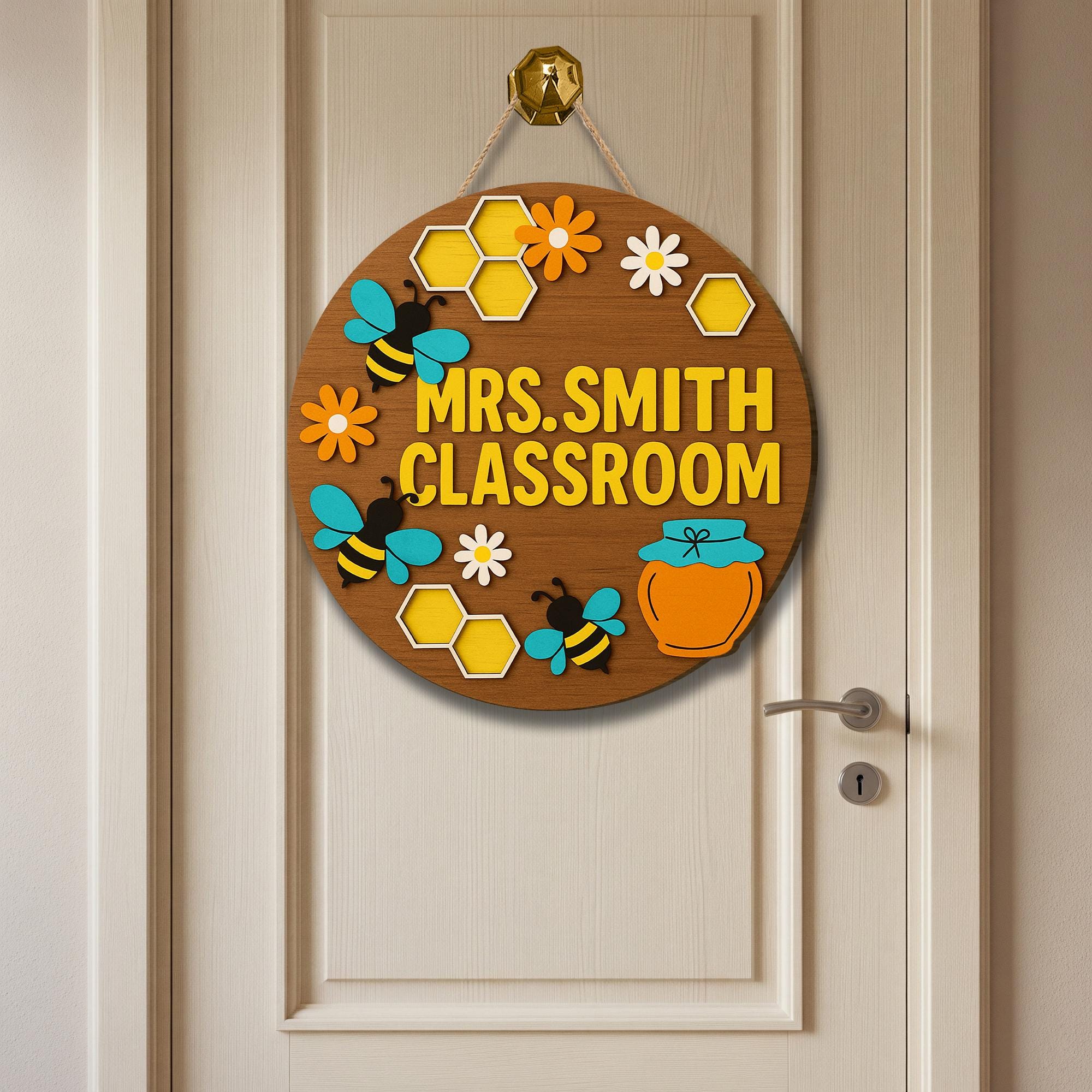 Bee Classroom Door Sign, Personalized Teacher Sign with Honeycomb and Flowers, Custom Back to School Decor, Wood Round Door Hanger