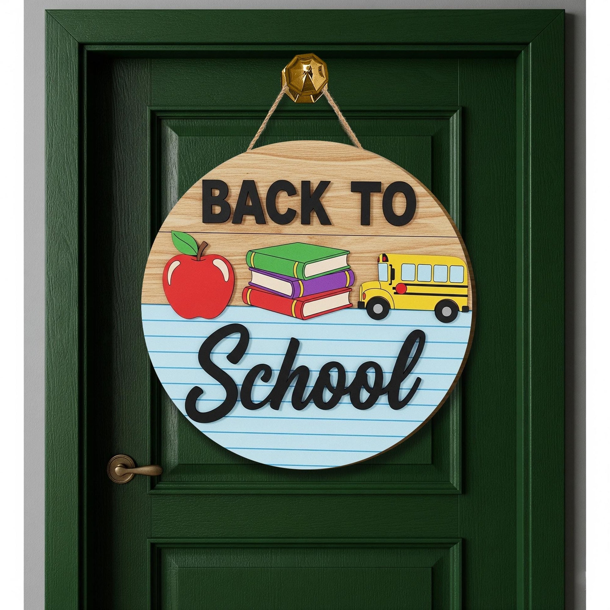 Back to School Door Sign, Classroom Decor with Books, Bus, and Apple, Teacher Welcome Sign, First Day of School Wood Hanger