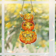 Cute Halloween Pumpkin Family Suncatcher – Stained Glass Style Fall Decor, Hanging Window Ornament