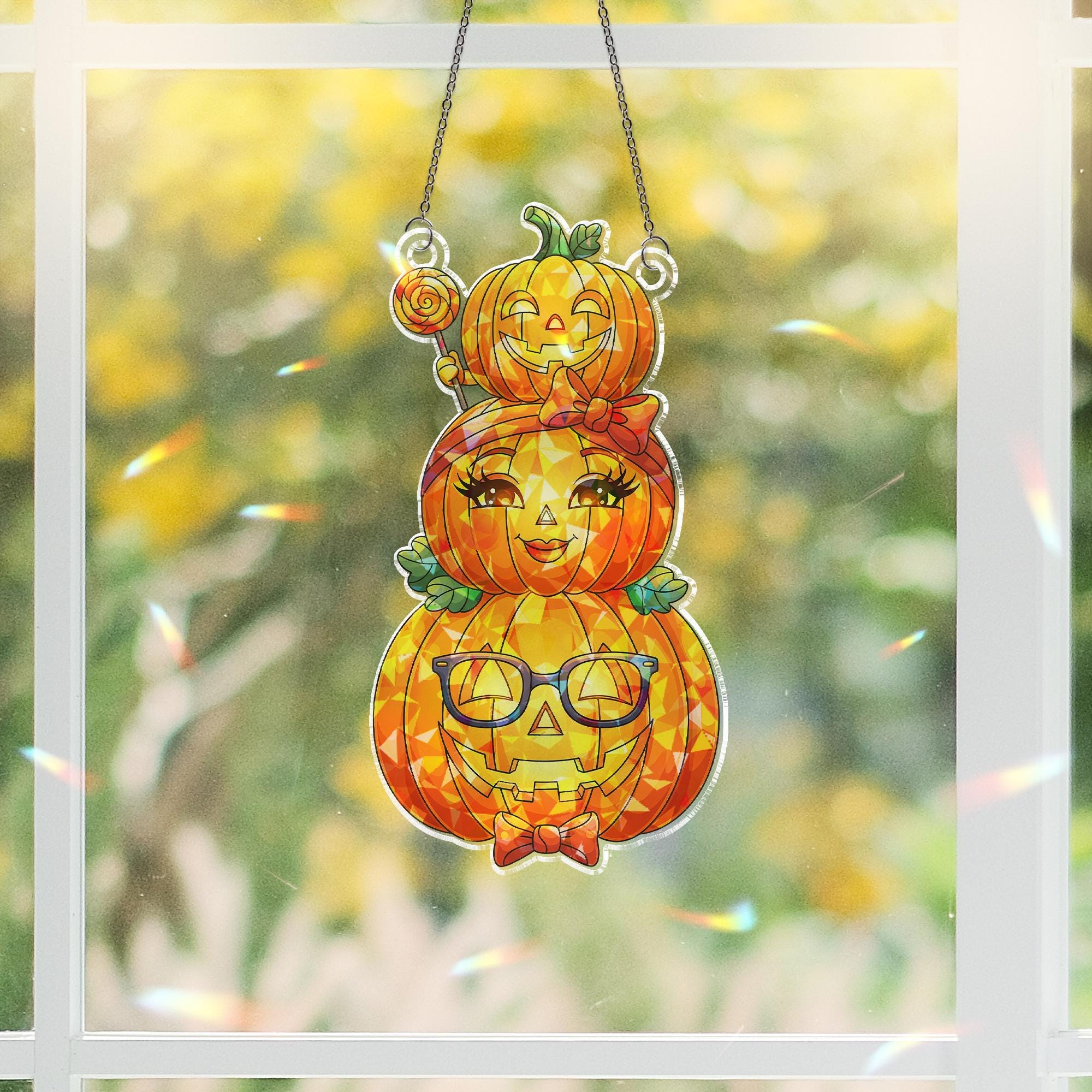 Cute Halloween Pumpkin Family Suncatcher – Stained Glass Style Fall Decor, Hanging Window Ornament
