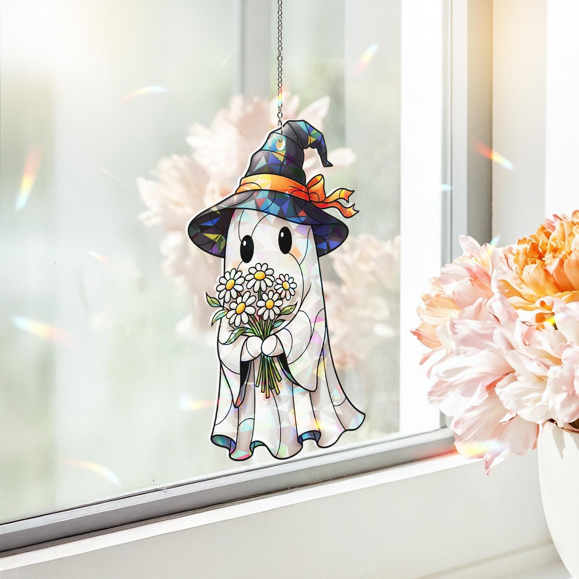 Cute Ghost with Flowers Suncatcher – Halloween Witch Hat Stained Glass Window Decor