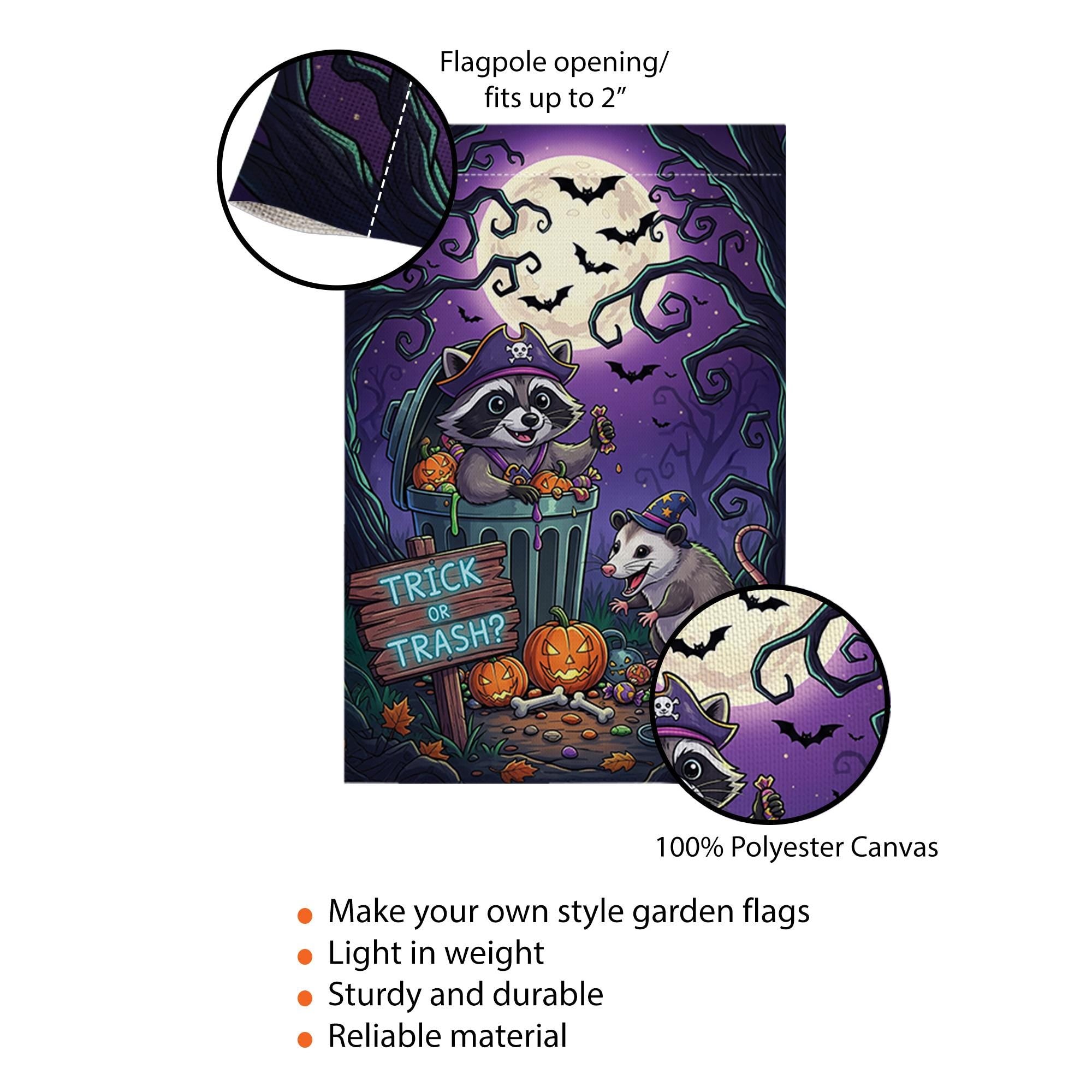 Funny Raccoon & Opossum Halloween Garden Flag – Trick or Trash Yard Decor for Fall