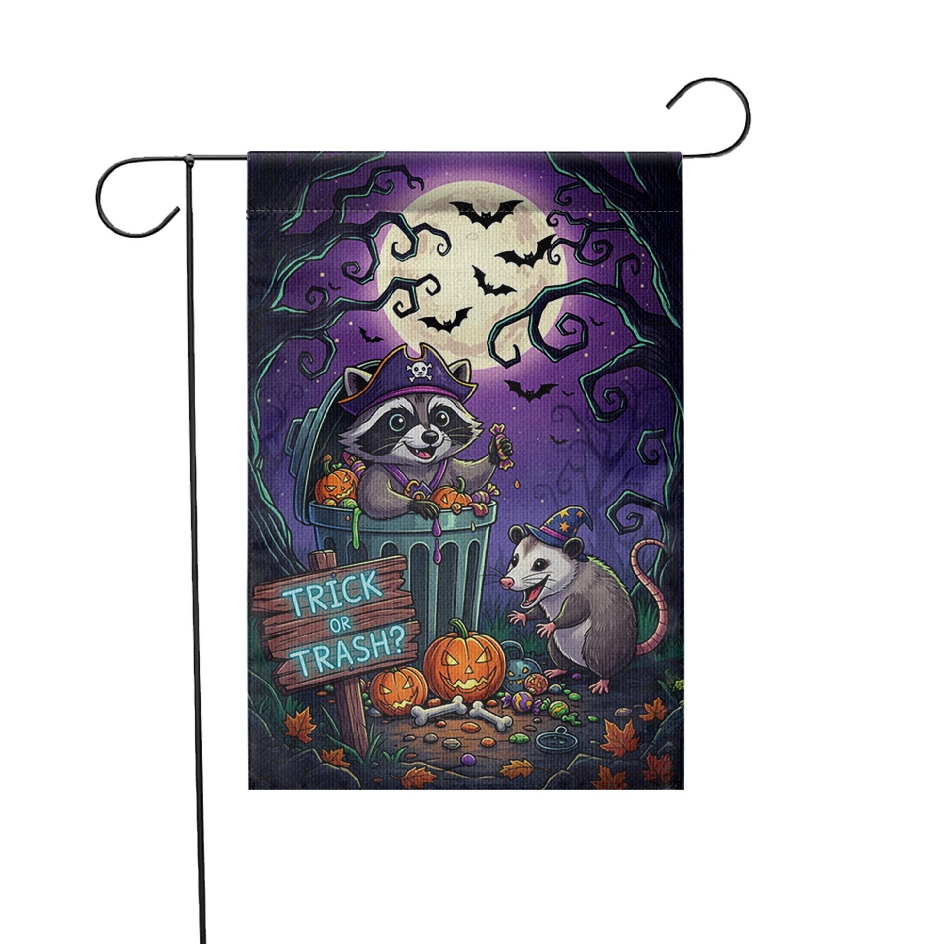 Funny Raccoon & Opossum Halloween Garden Flag – Trick or Trash Yard Decor for Fall