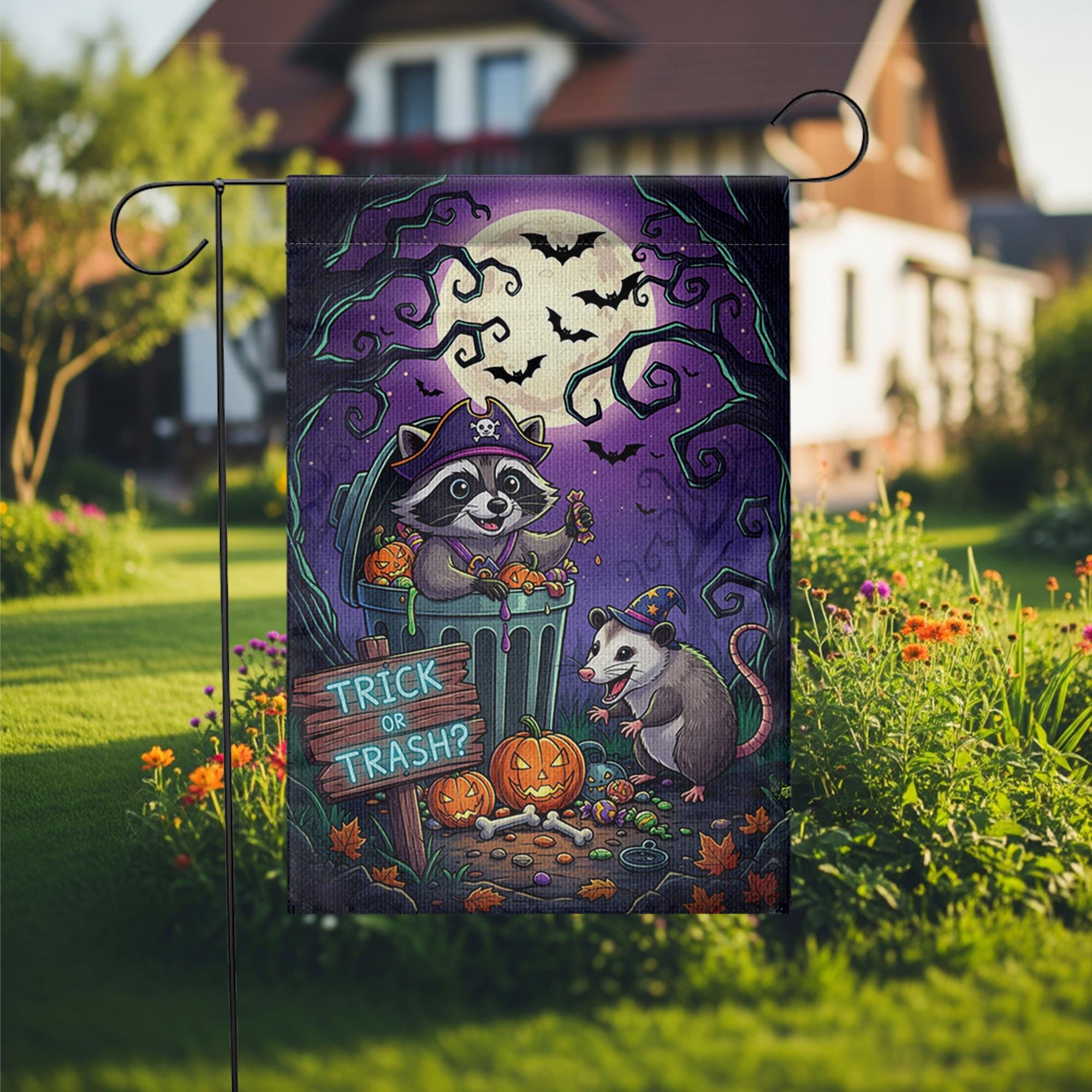 Funny Raccoon & Opossum Halloween Garden Flag – Trick or Trash Yard Decor for Fall