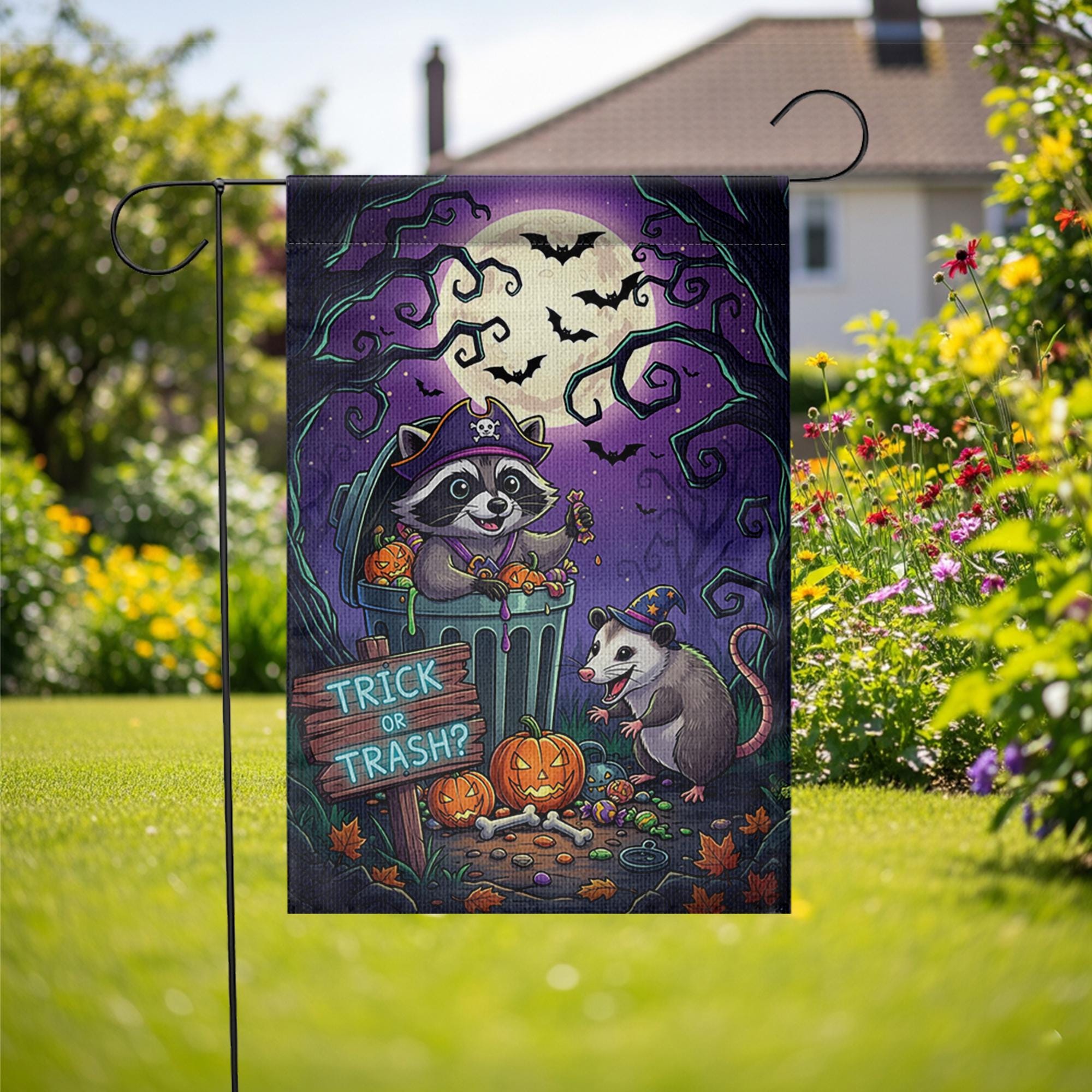 Funny Raccoon & Opossum Halloween Garden Flag – Trick or Trash Yard Decor for Fall