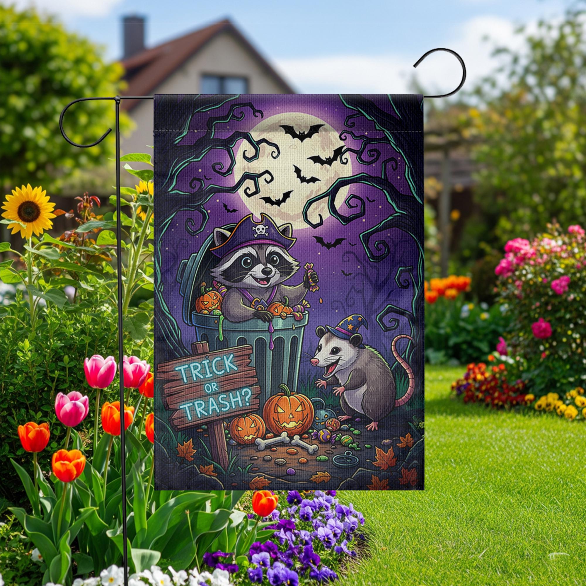 Funny Raccoon & Opossum Halloween Garden Flag – Trick or Trash Yard Decor for Fall