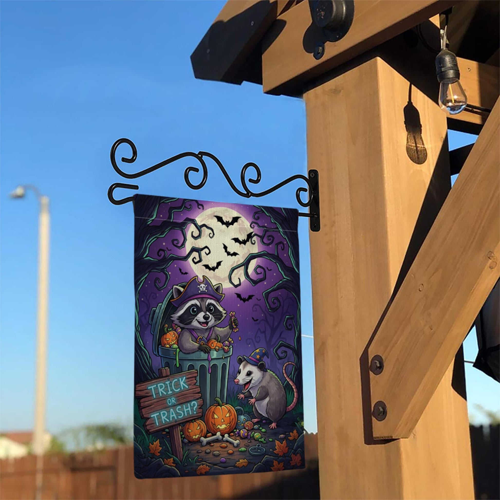 Funny Raccoon & Opossum Halloween Garden Flag – Trick or Trash Yard Decor for Fall