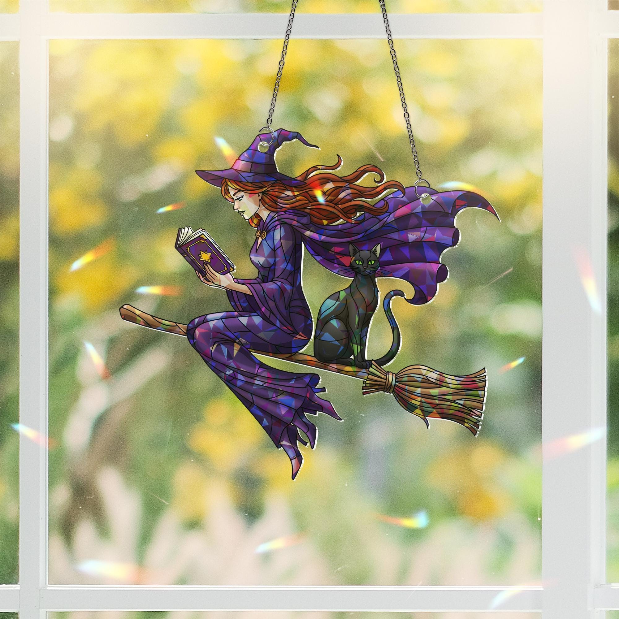 Halloween Witch Suncatcher – Stained Glass Style Flying Witch and Cat Window Decor