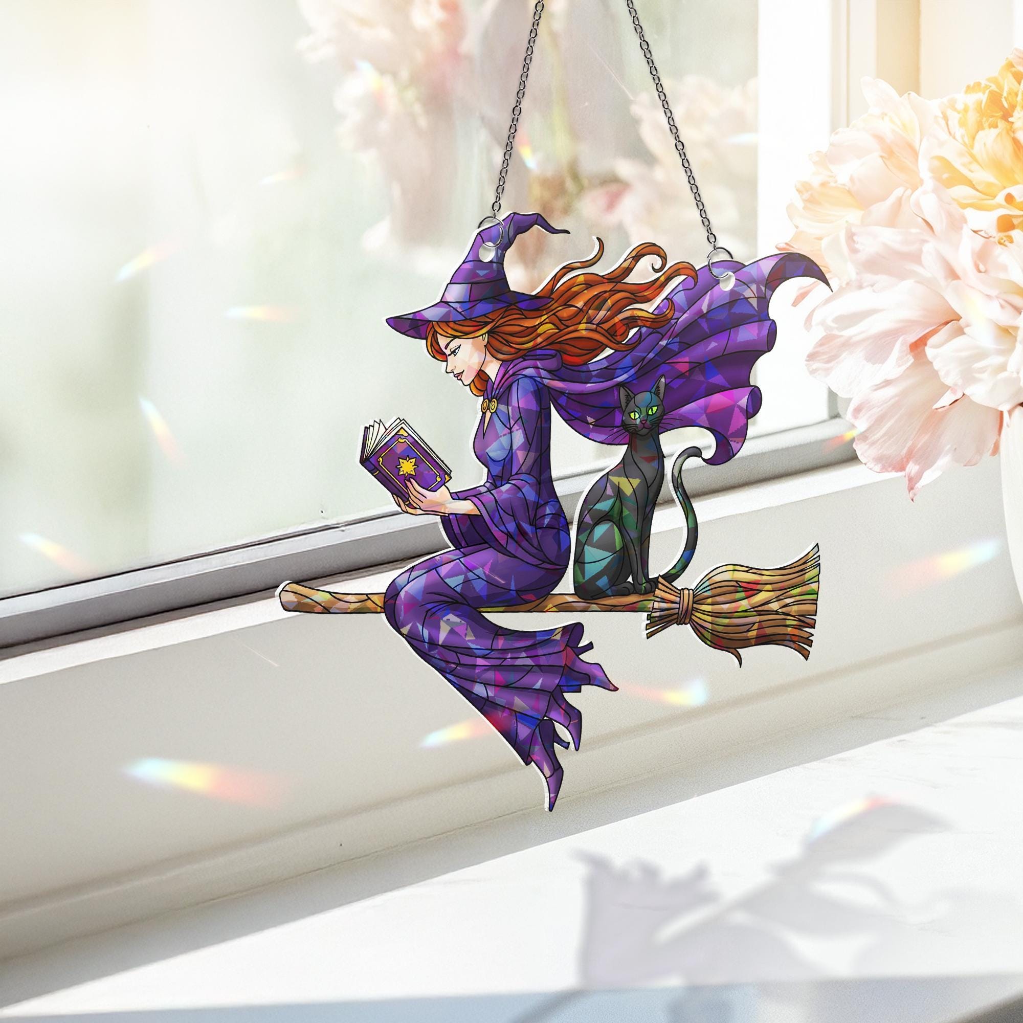 Halloween Witch Suncatcher – Stained Glass Style Flying Witch and Cat Window Decor
