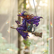 Halloween Witch Suncatcher – Stained Glass Style Flying Witch and Cat Window Decor