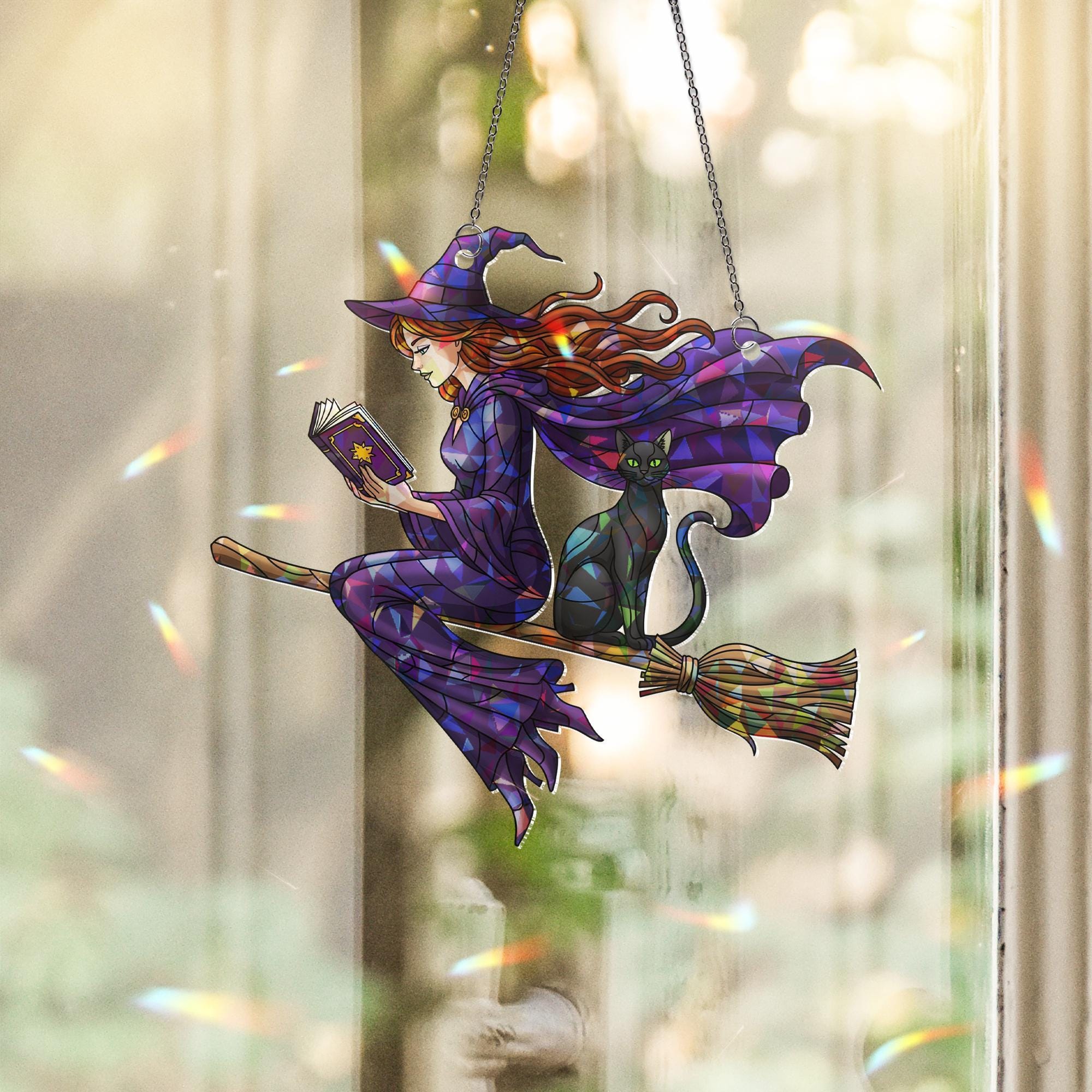 Halloween Witch Suncatcher – Stained Glass Style Flying Witch and Cat Window Decor