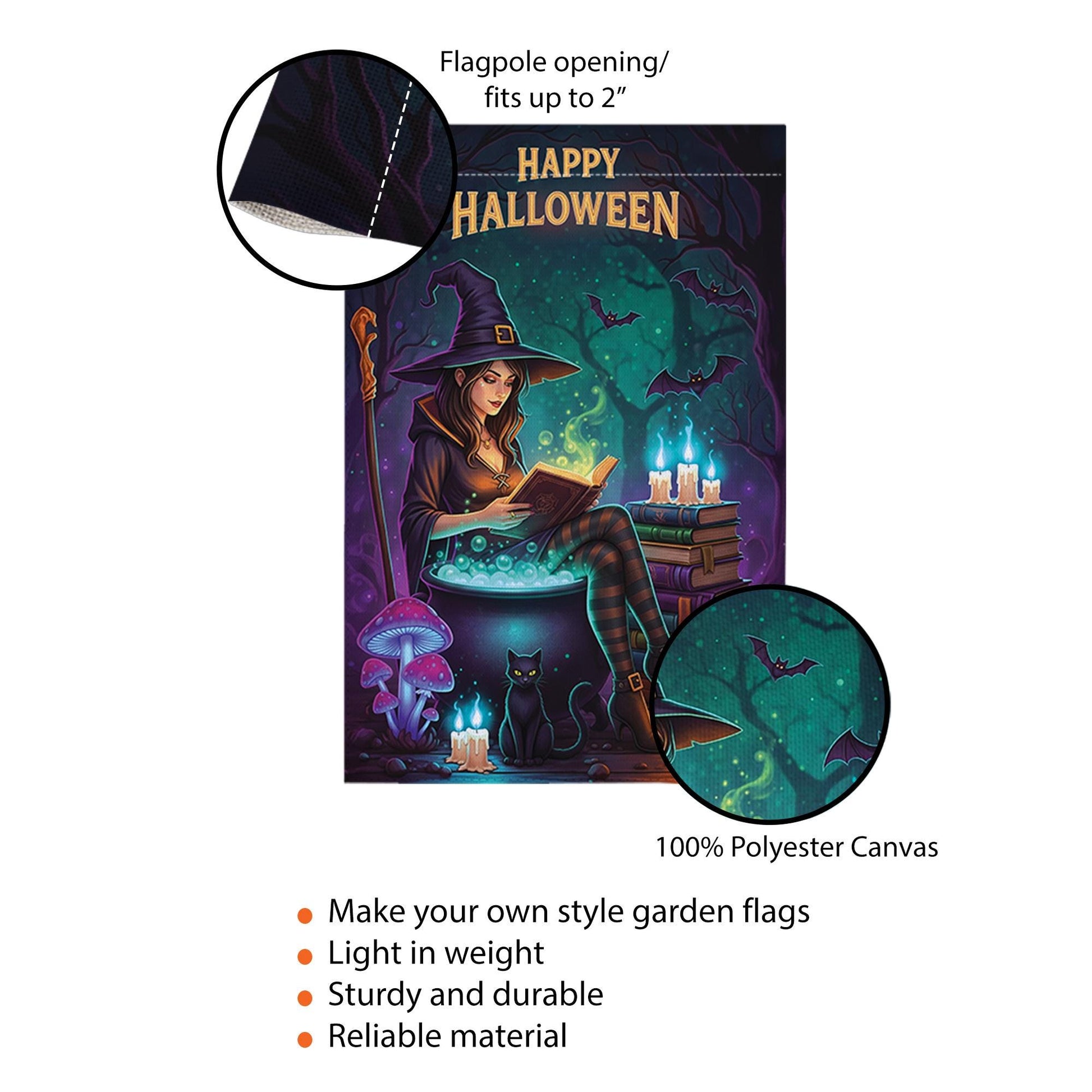 Halloween Witch Garden Flag – Spooky Reading Witch Yard Decor with Cat and Cauldron