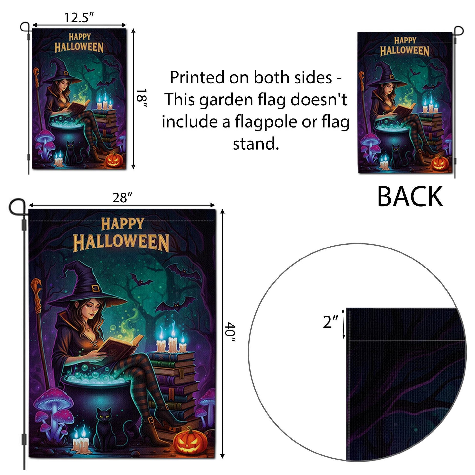 Halloween Witch Garden Flag – Spooky Reading Witch Yard Decor with Cat and Cauldron