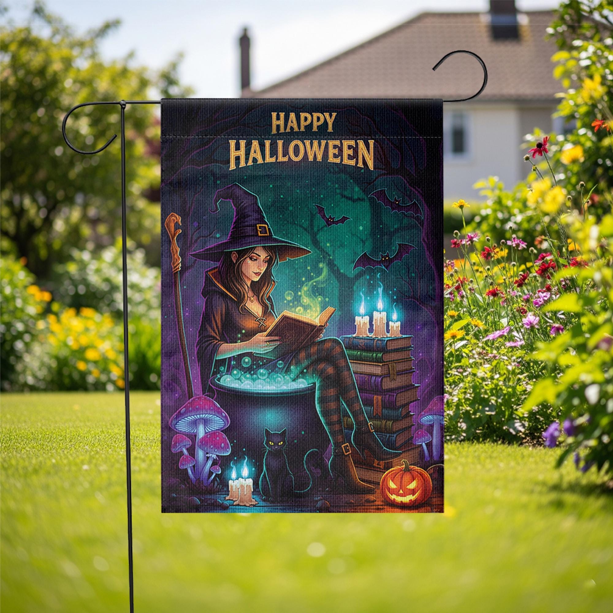 Halloween Witch Garden Flag – Spooky Reading Witch Yard Decor with Cat and Cauldron
