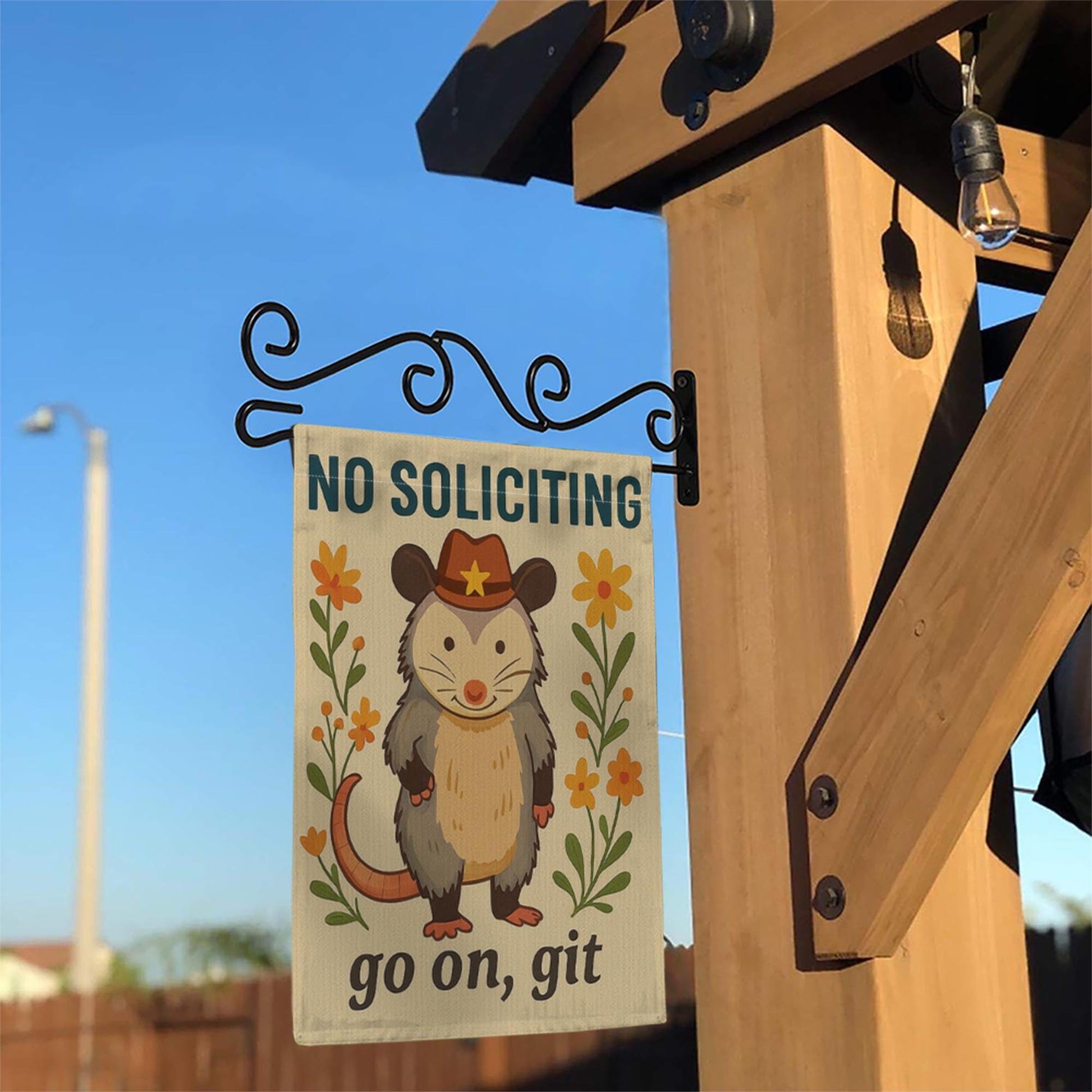 Funny No Soliciting Garden Flag, Cowboy Possum Yard Decor, Go On Git Door Sign, Country Humor Lawn Banner, Anti Solicitor Gift