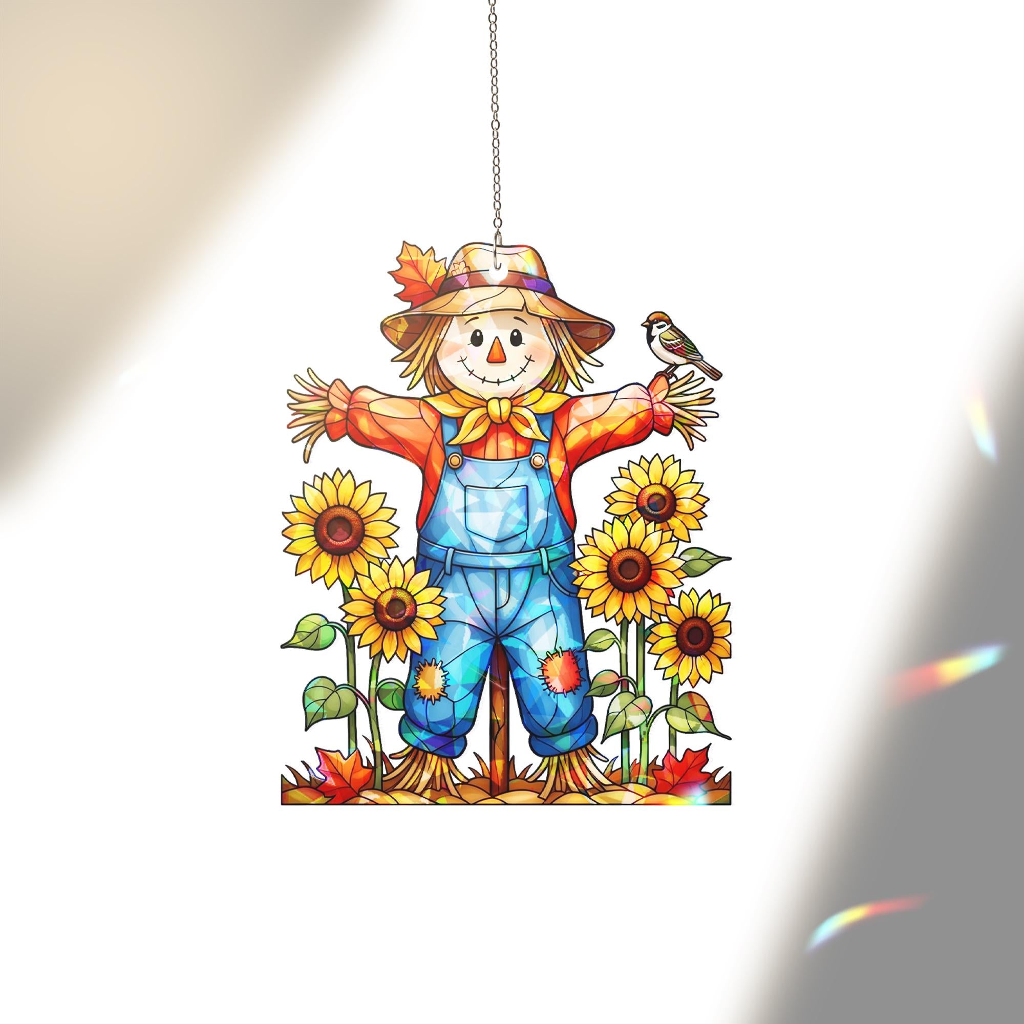 Fall Scarecrow Window Hanging – Sunflower Farmhouse Suncatcher for Autumn Decor – Cute Hologram Harvest Decoration Gift