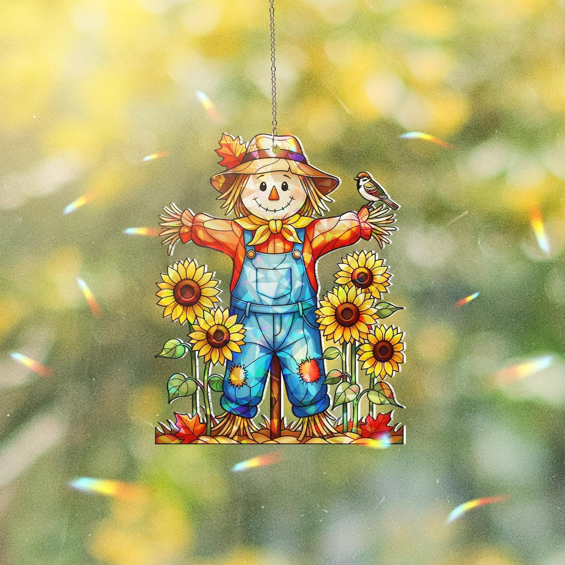 Fall Scarecrow Window Hanging – Sunflower Farmhouse Suncatcher for Autumn Decor – Cute Hologram Harvest Decoration Gift