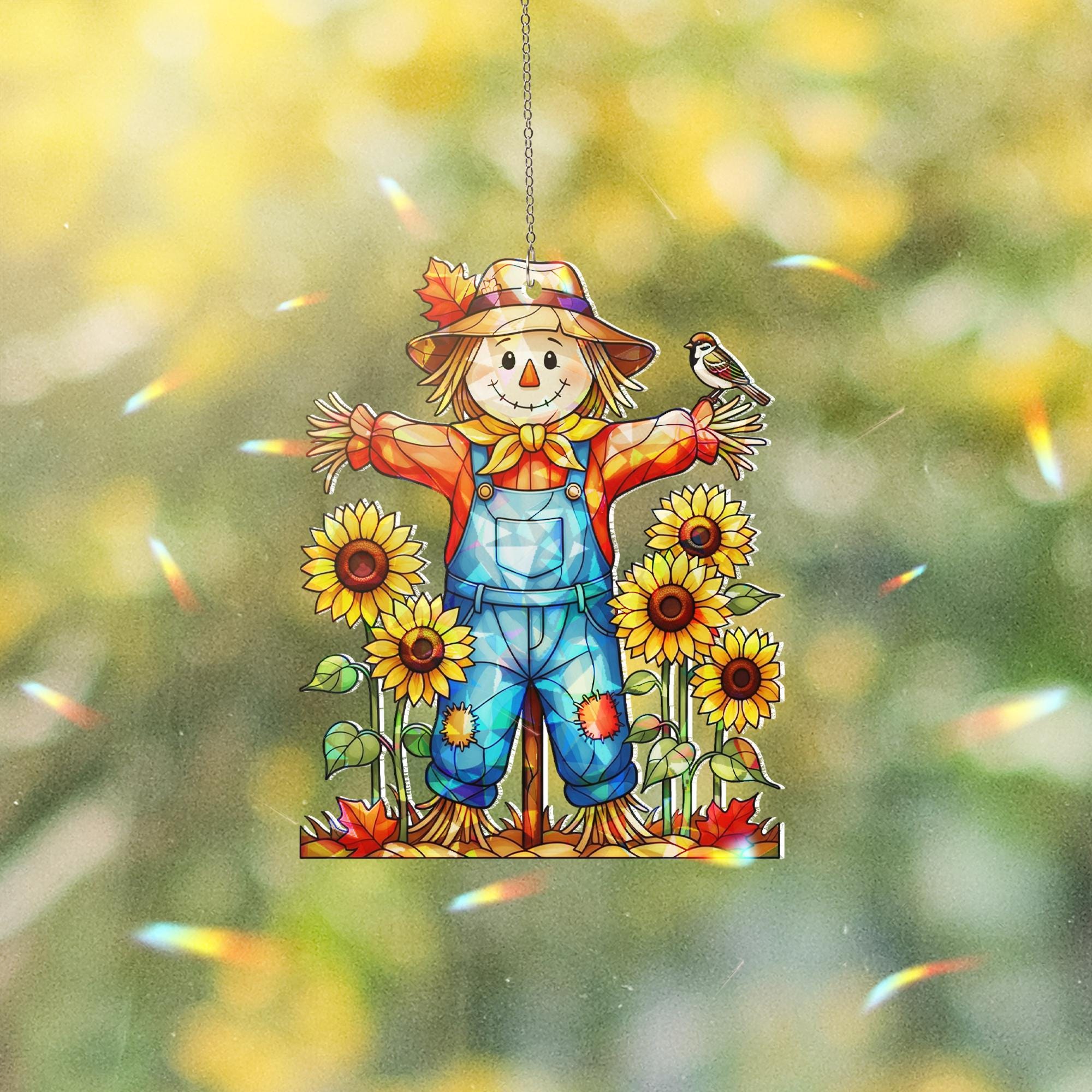 Fall Scarecrow Window Hanging – Sunflower Farmhouse Suncatcher for Autumn Decor – Cute Hologram Harvest Decoration Gift
