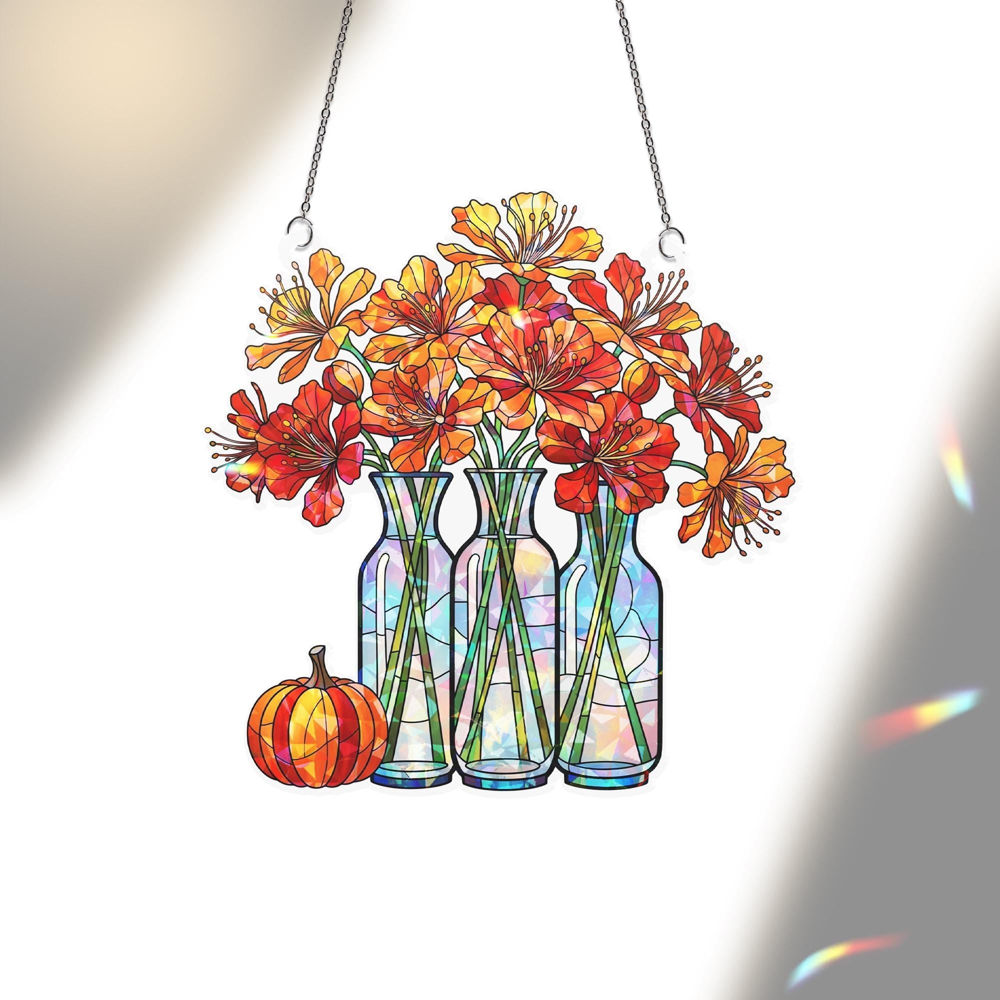 Fall Flower Vase Window Hanging – Holographic Autumn Suncatcher with Pumpkin – Seasonal Floral Decor for Kitchen or Living Room