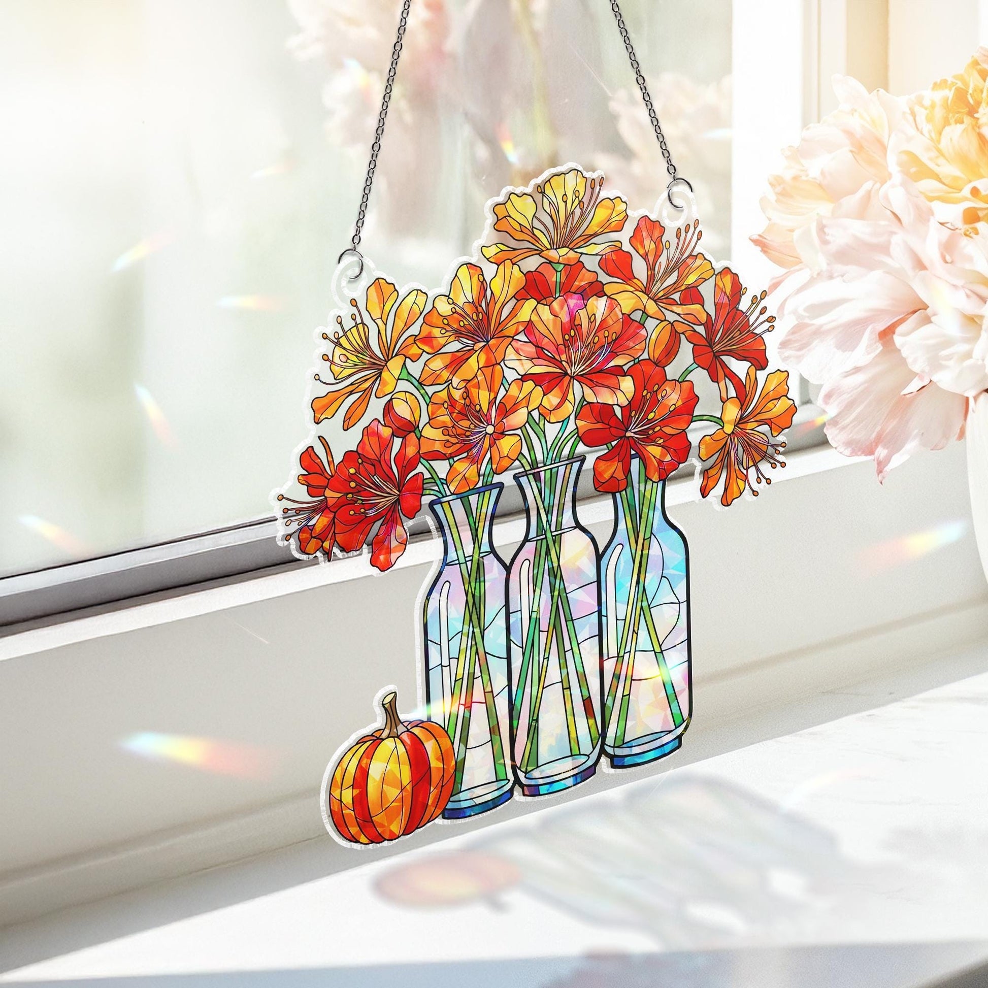 Fall Flower Vase Window Hanging – Holographic Autumn Suncatcher with Pumpkin – Seasonal Floral Decor for Kitchen or Living Room