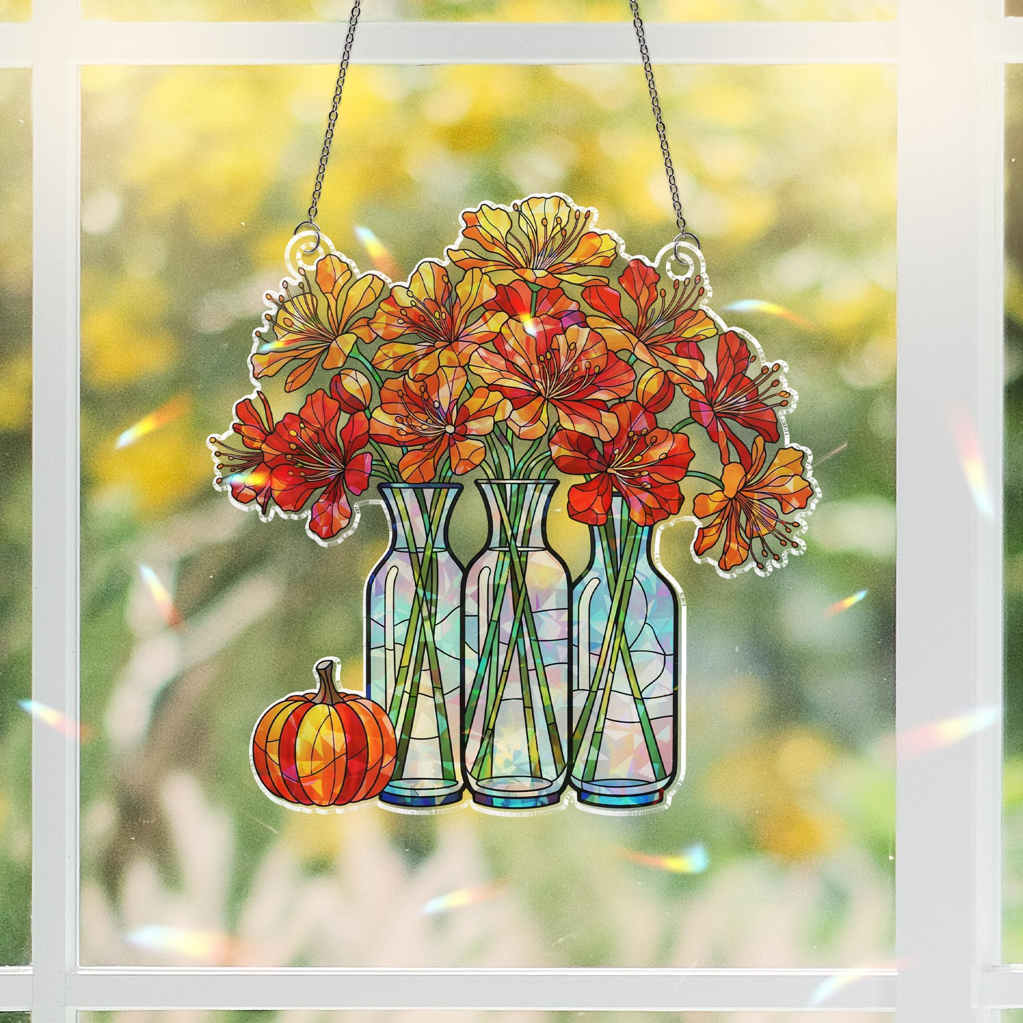 Fall Flower Vase Window Hanging – Holographic Autumn Suncatcher with Pumpkin – Seasonal Floral Decor for Kitchen or Living Room