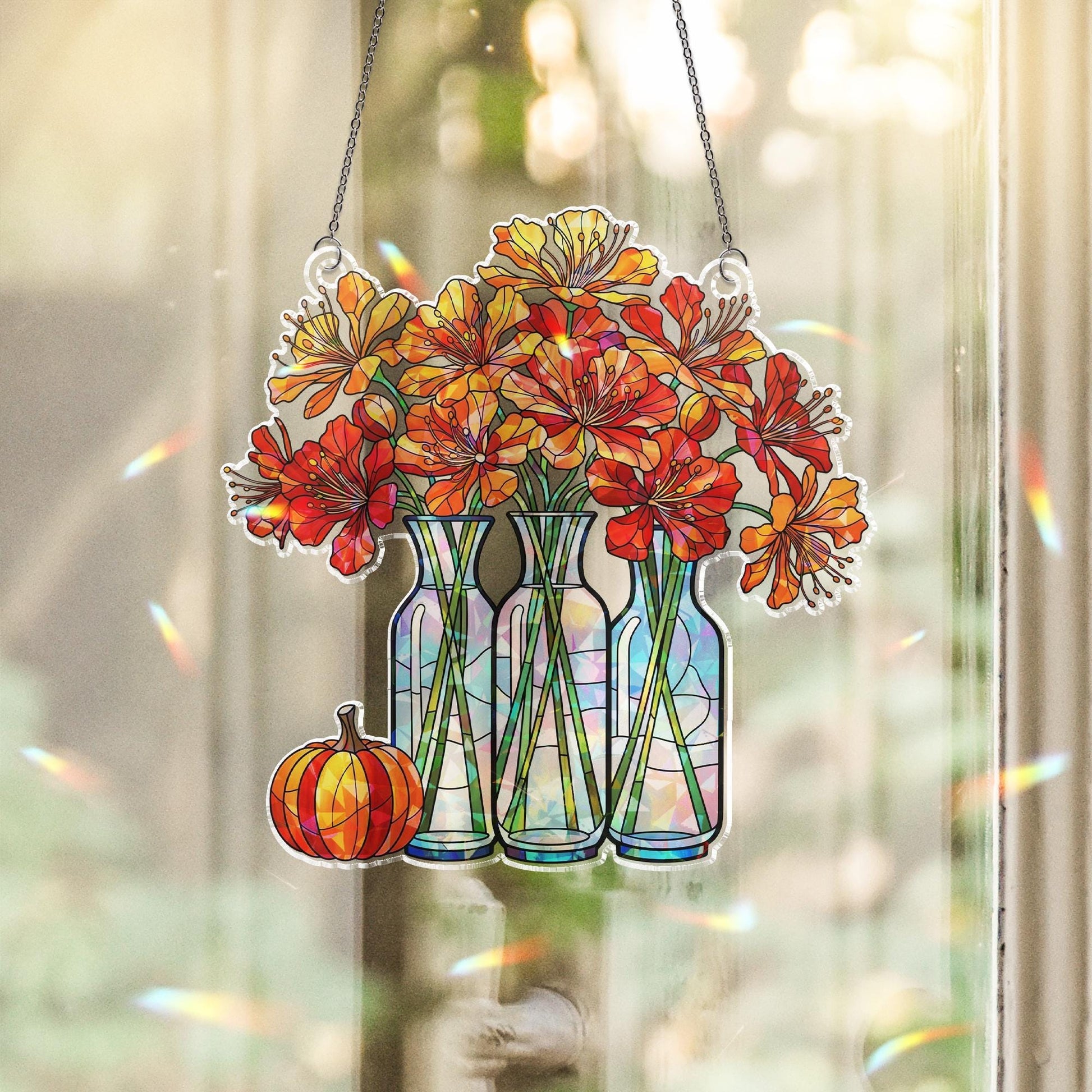 Fall Flower Vase Window Hanging – Holographic Autumn Suncatcher with Pumpkin – Seasonal Floral Decor for Kitchen or Living Room