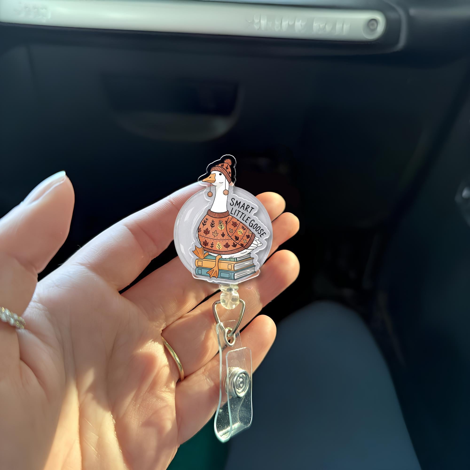 Smart Little Goose Badge Reel – Cute Fall Goose ID Holder with Books & Sweater – Funny Teacher, Nurse, Librarian Accessory Gift