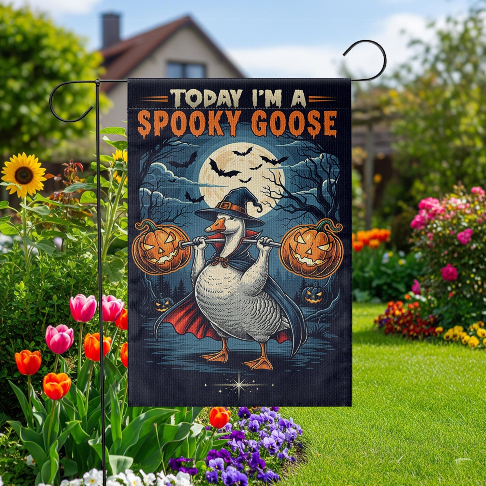 Funny Spooky Goose Halloween Garden Flag – Witch Goose with Pumpkins Yard Decor