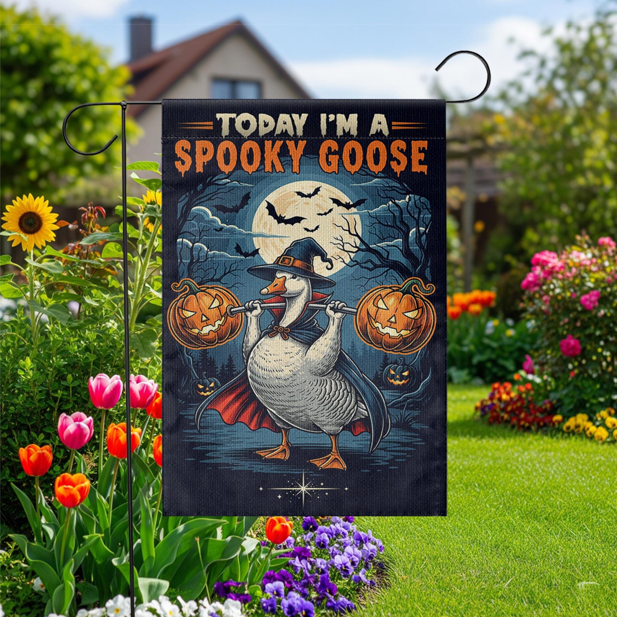Funny Spooky Goose Halloween Garden Flag – Witch Goose with Pumpkins Yard Decor