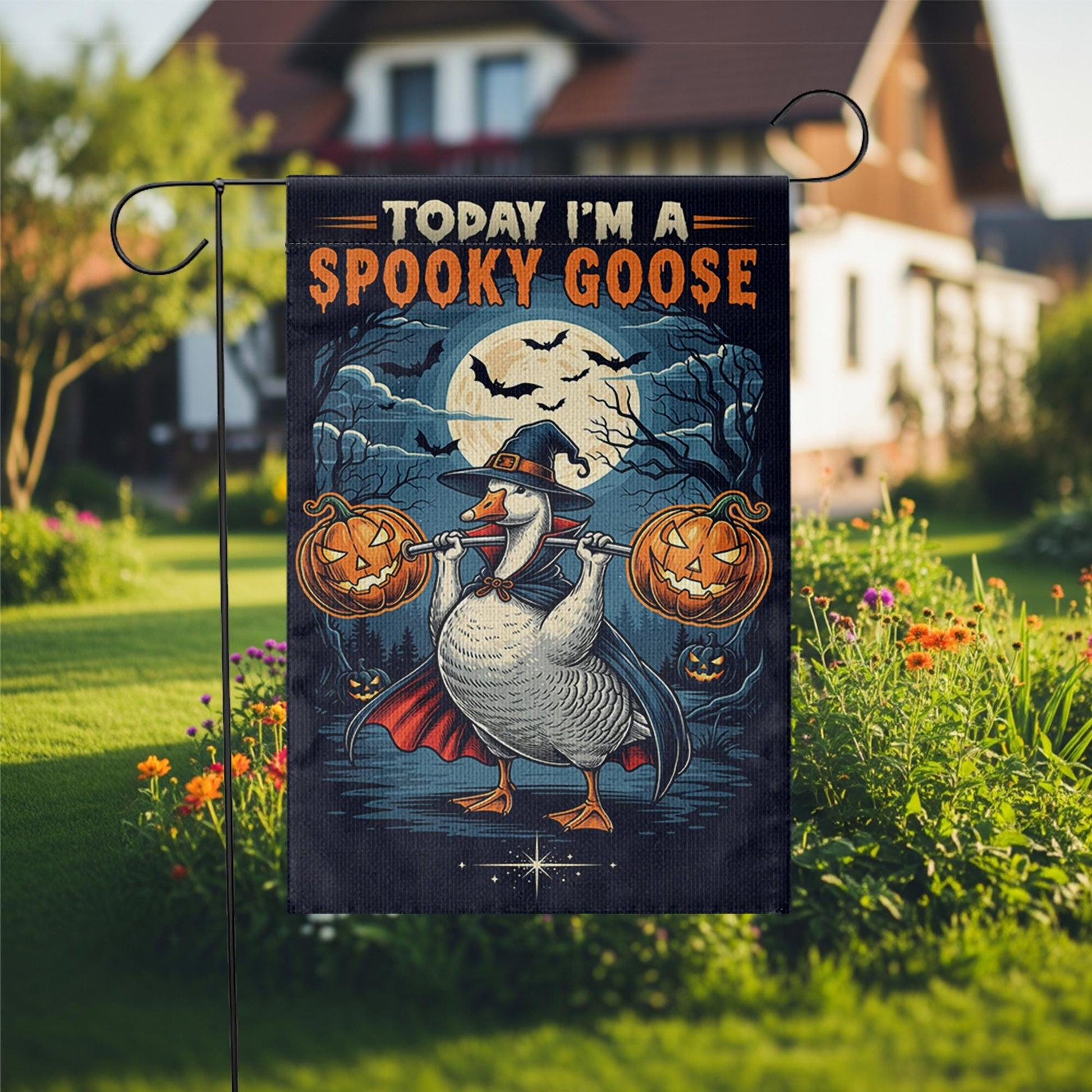 Funny Spooky Goose Halloween Garden Flag – Witch Goose with Pumpkins Yard Decor