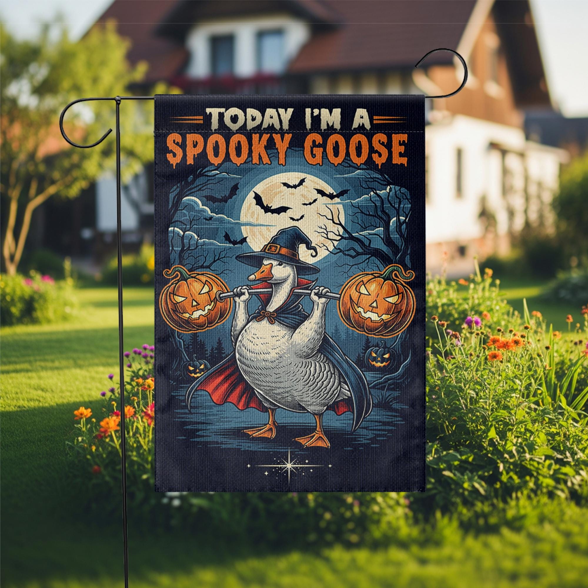 Funny Spooky Goose Halloween Garden Flag – Witch Goose with Pumpkins Yard Decor