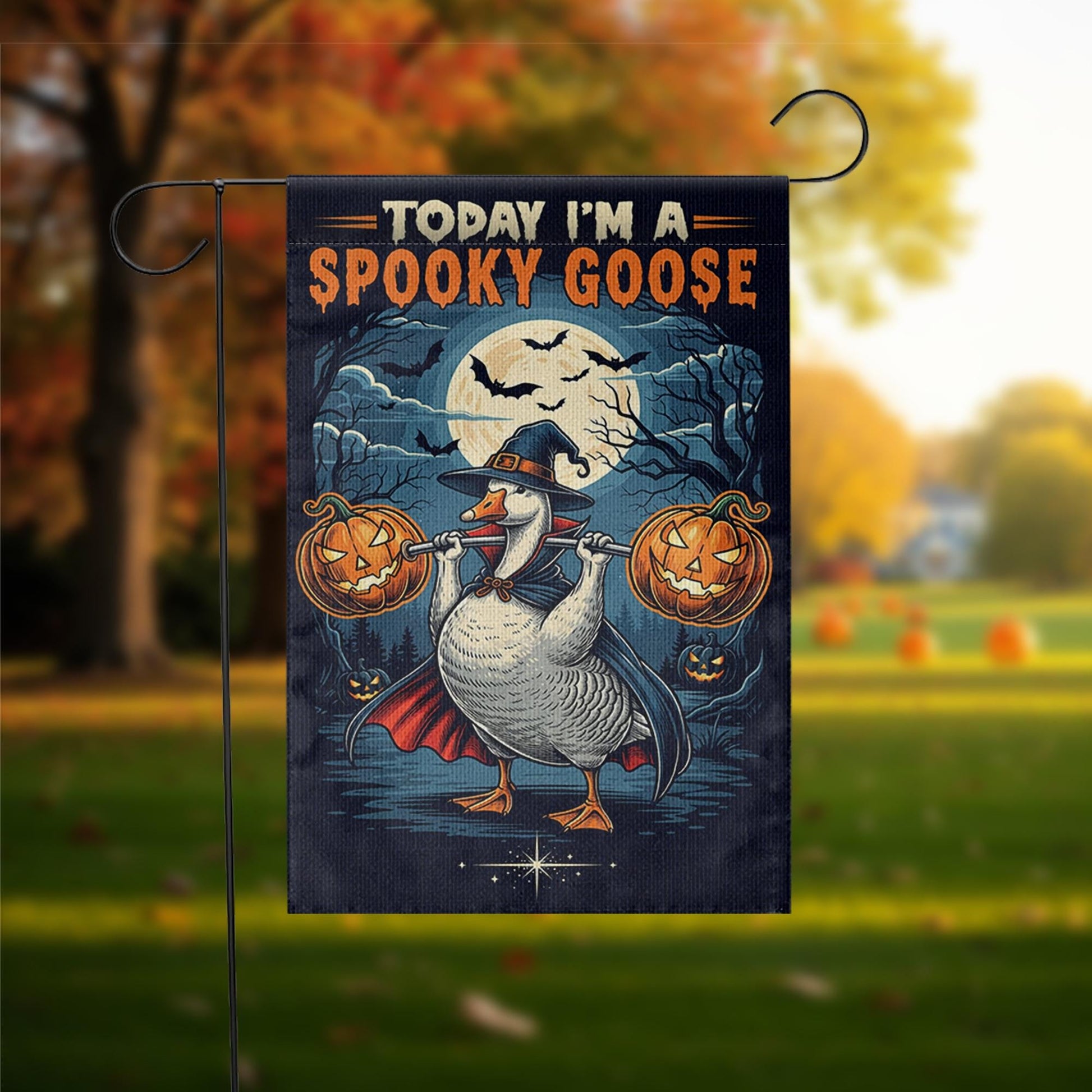 Funny Spooky Goose Halloween Garden Flag – Witch Goose with Pumpkins Yard Decor