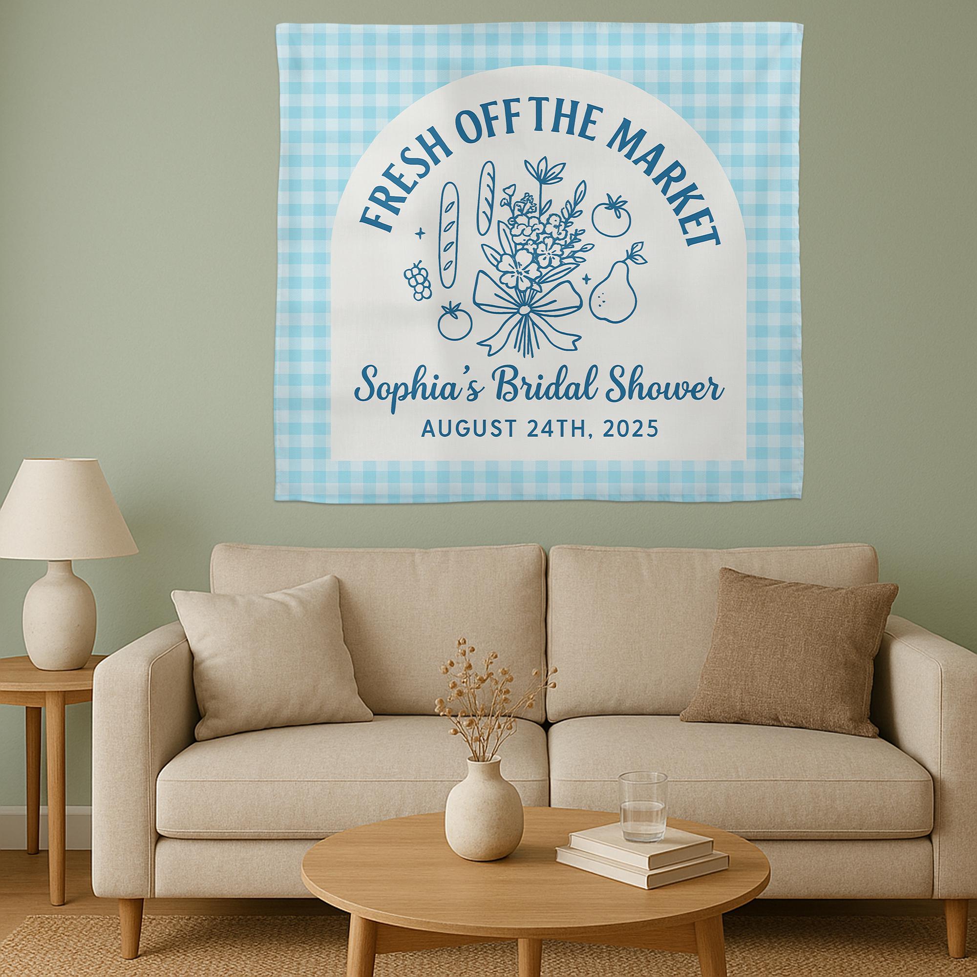 Fresh Off The Market Bridal Shower Tapestry, Custom Farmers Market Banner, Personalized Bride Wall Decor, Rustic Bridal Party Backdrop
