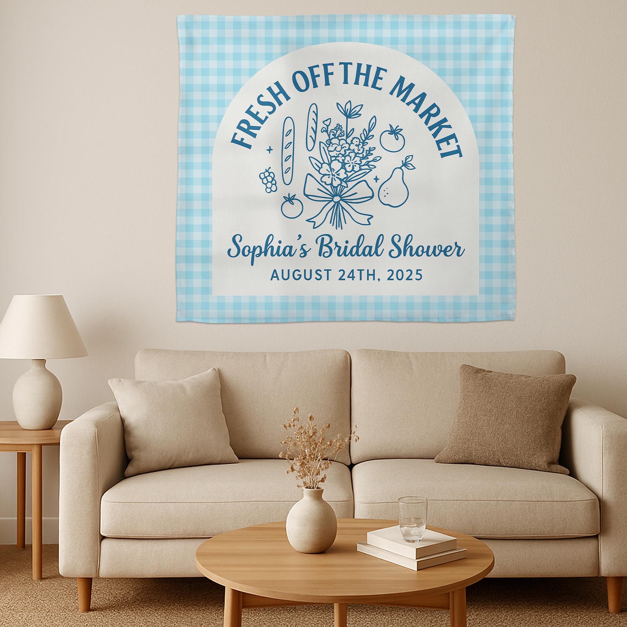 Fresh Off The Market Bridal Shower Tapestry, Custom Farmers Market Banner, Personalized Bride Wall Decor, Rustic Bridal Party Backdrop