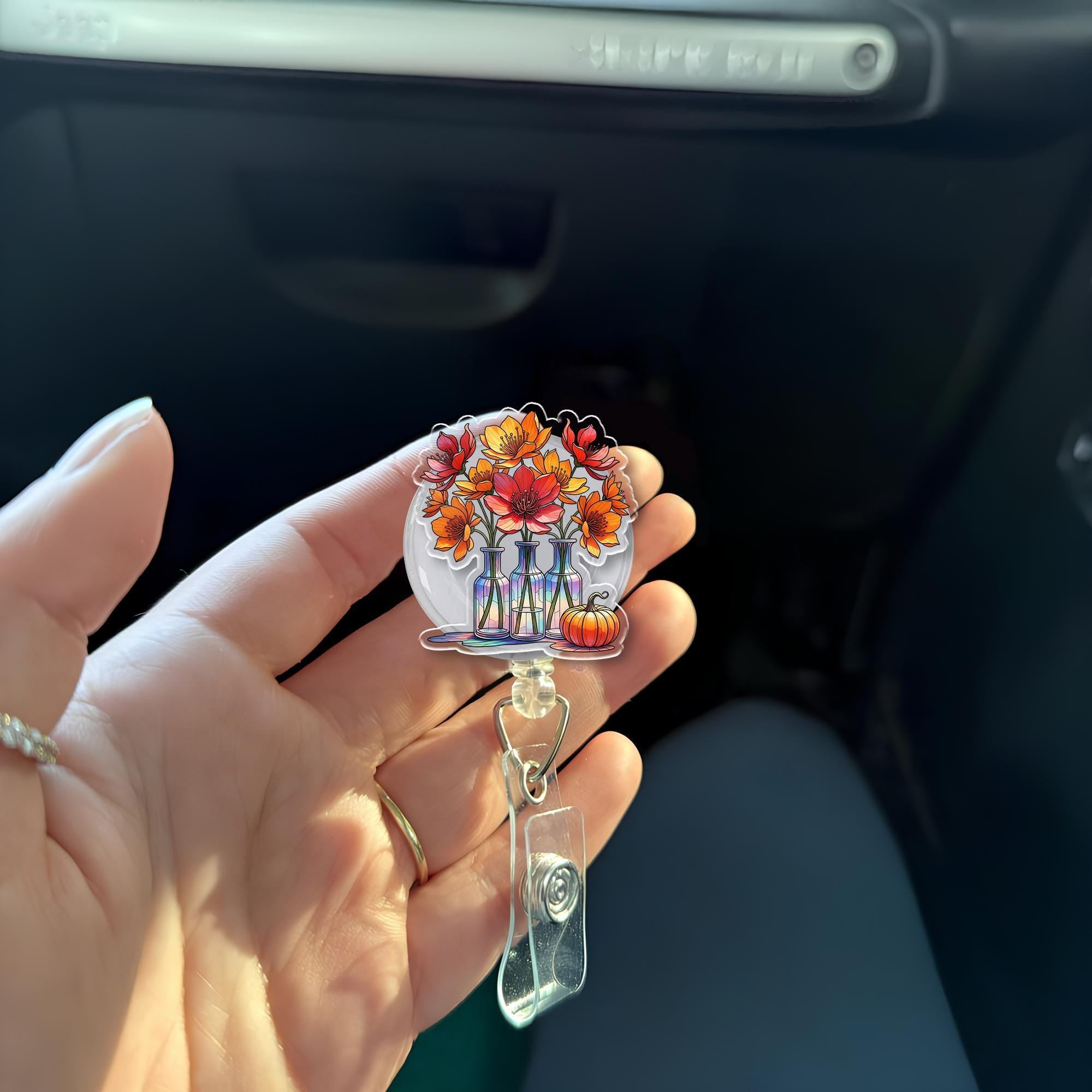 Fall Floral Badge Reel – Autumn Pumpkin & Flower ID Holder with Holographic Vases – Cute Badge Clip for Teachers, Nurses, or Staff