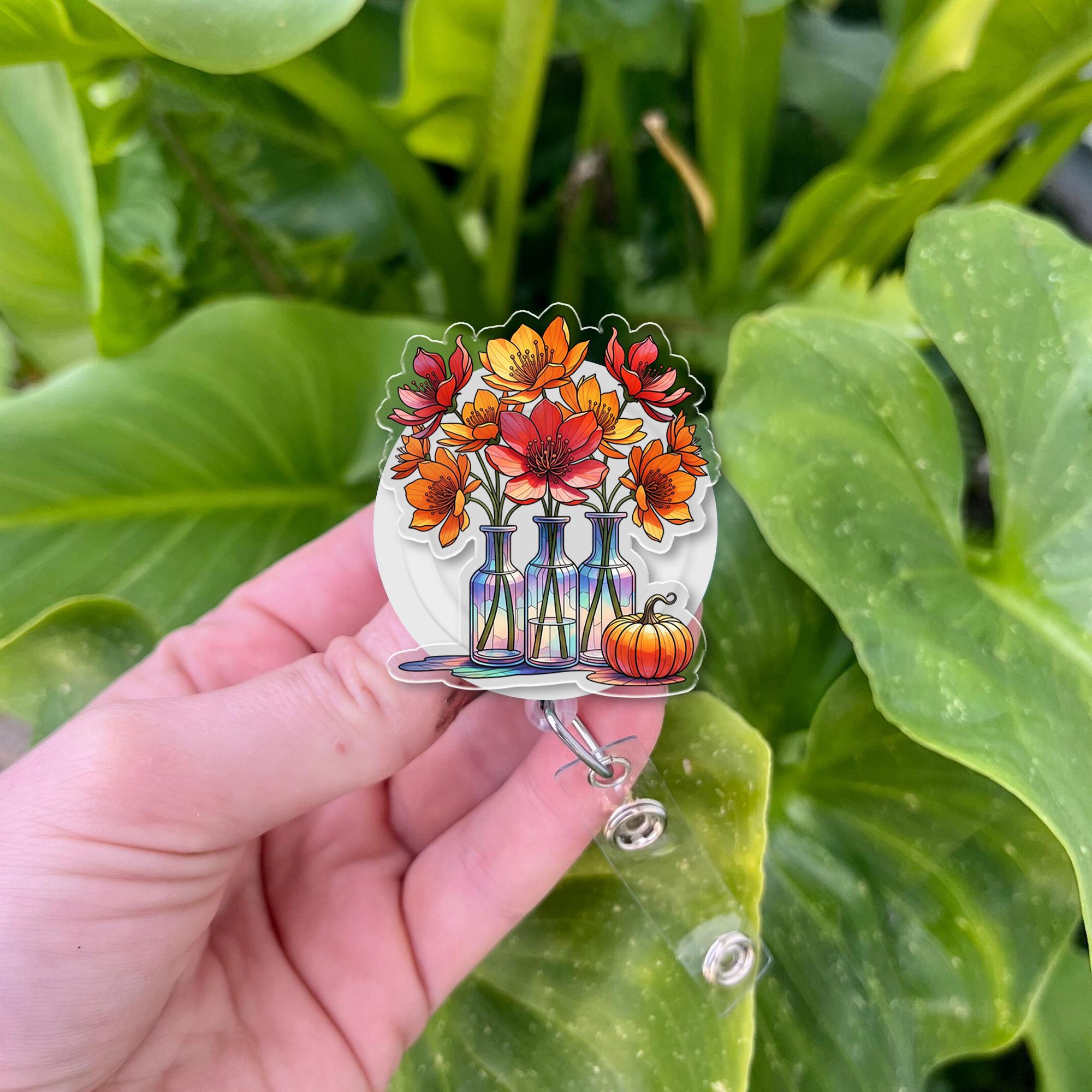 Fall Floral Badge Reel – Autumn Pumpkin & Flower ID Holder with Holographic Vases – Cute Badge Clip for Teachers, Nurses, or Staff