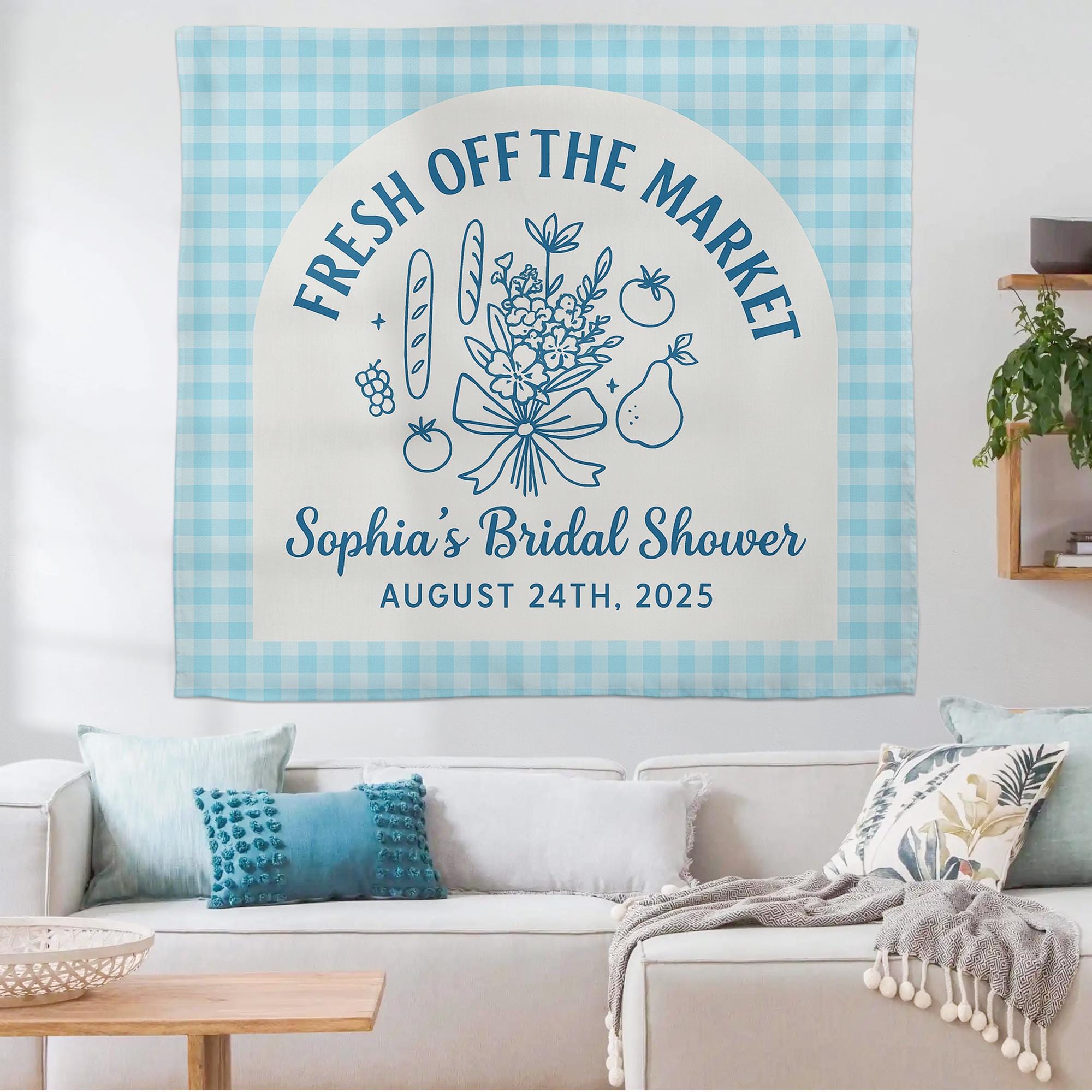 Fresh Off The Market Bridal Shower Tapestry, Custom Farmers Market Banner, Personalized Bride Wall Decor, Rustic Bridal Party Backdrop