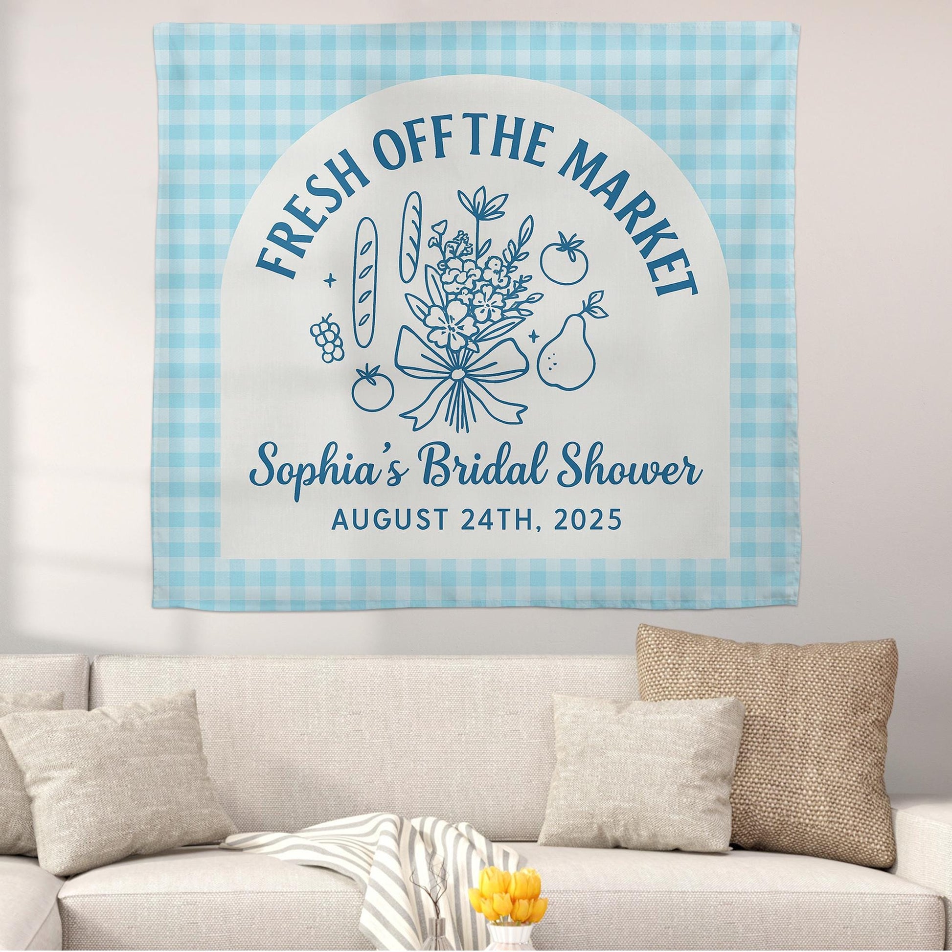 Fresh Off The Market Bridal Shower Tapestry, Custom Farmers Market Banner, Personalized Bride Wall Decor, Rustic Bridal Party Backdrop
