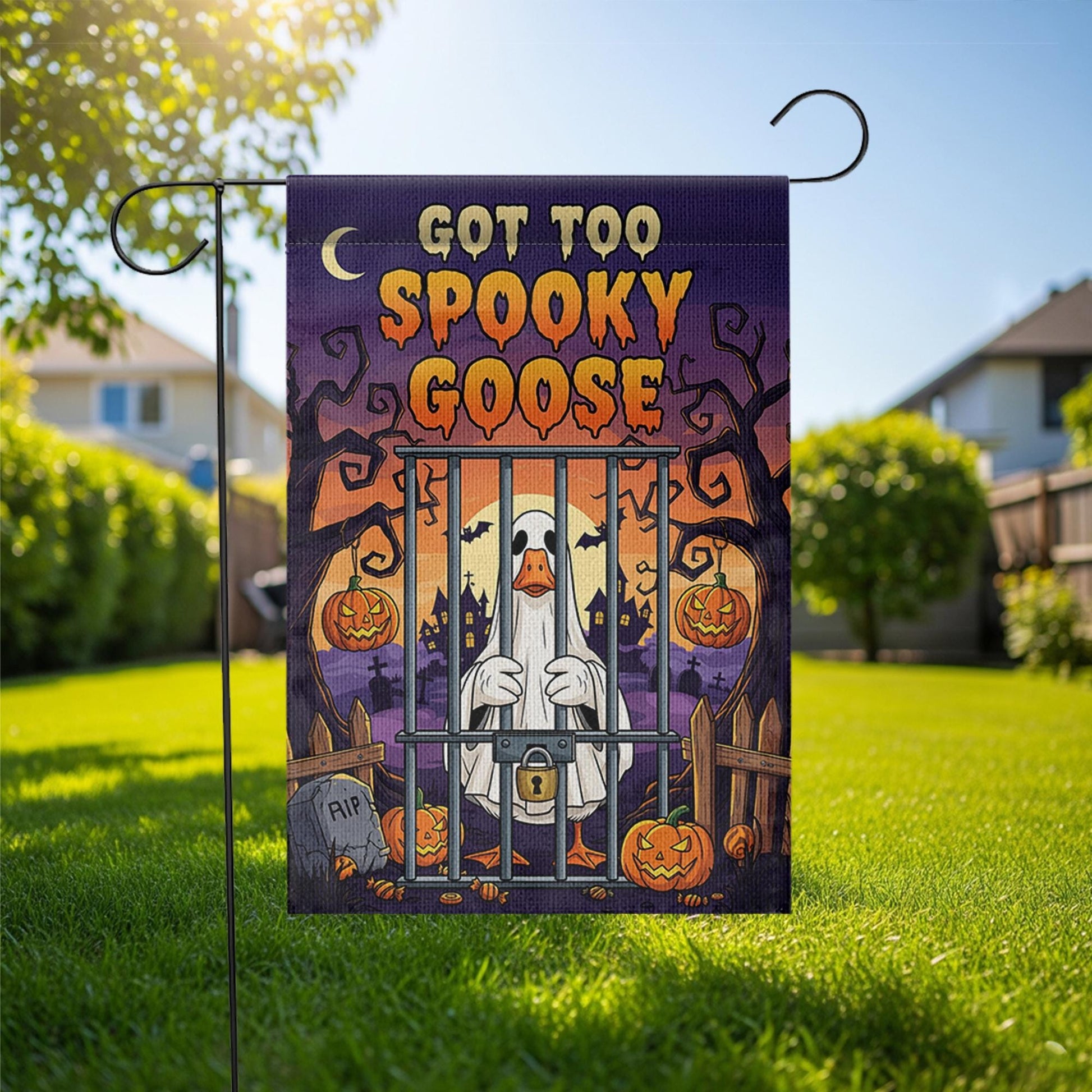 Funny Halloween Goose Garden Flag – Got Too Spooky Goose Yard Decor with Ghost Costume