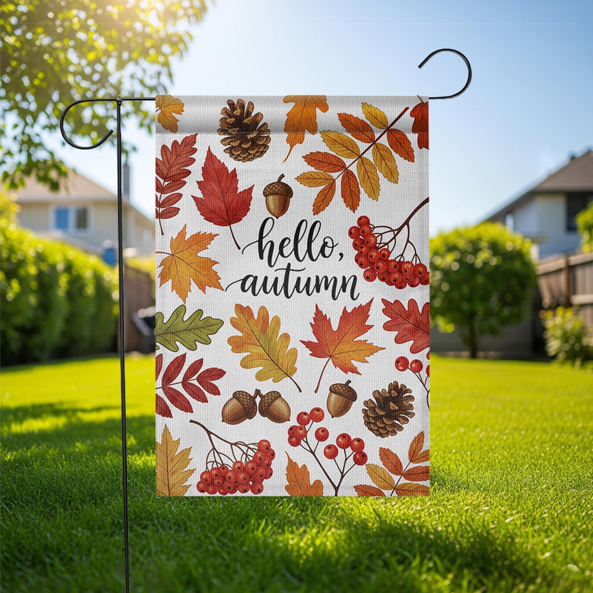 Hello Autumn Garden Flag – Fall Yard Decor with Leaves, Acorns & Berries – Seasonal Outdoor Flag for Porch, Lawn, or Front Door
