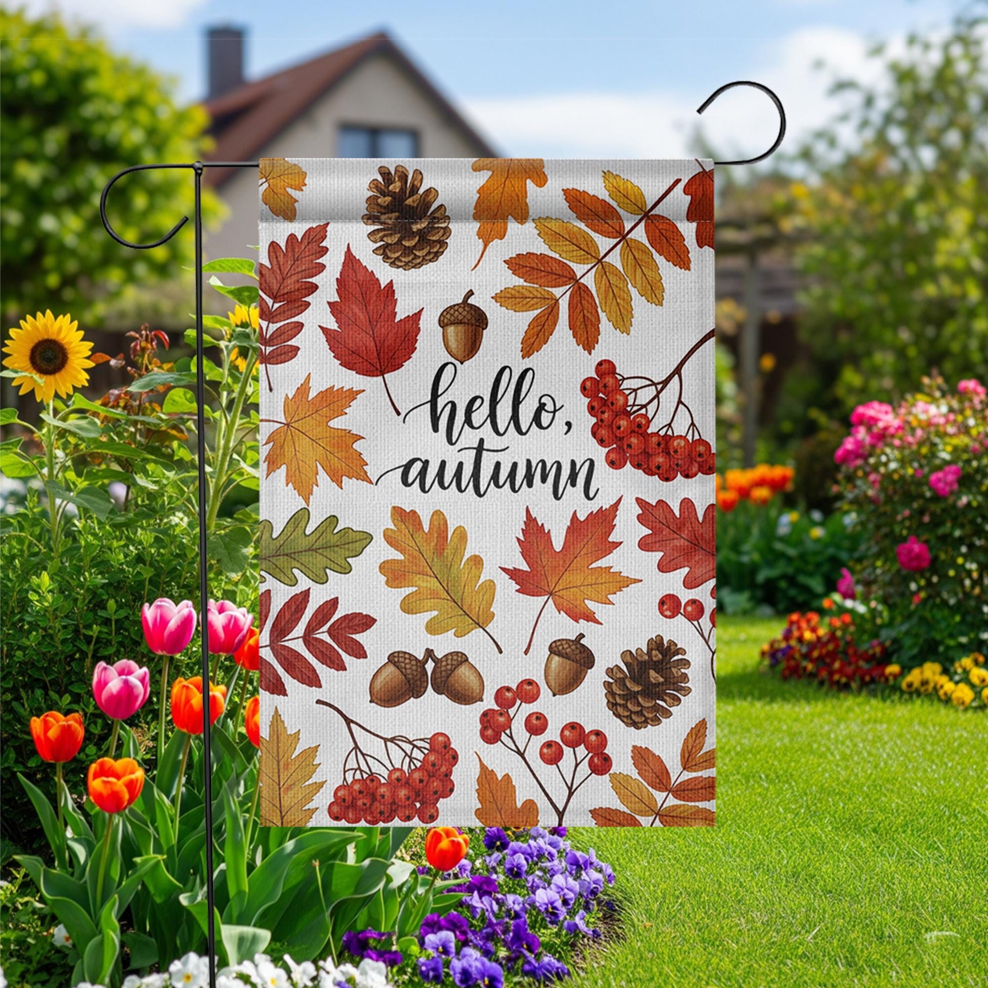 Hello Autumn Garden Flag – Fall Yard Decor with Leaves, Acorns & Berries – Seasonal Outdoor Flag for Porch, Lawn, or Front Door