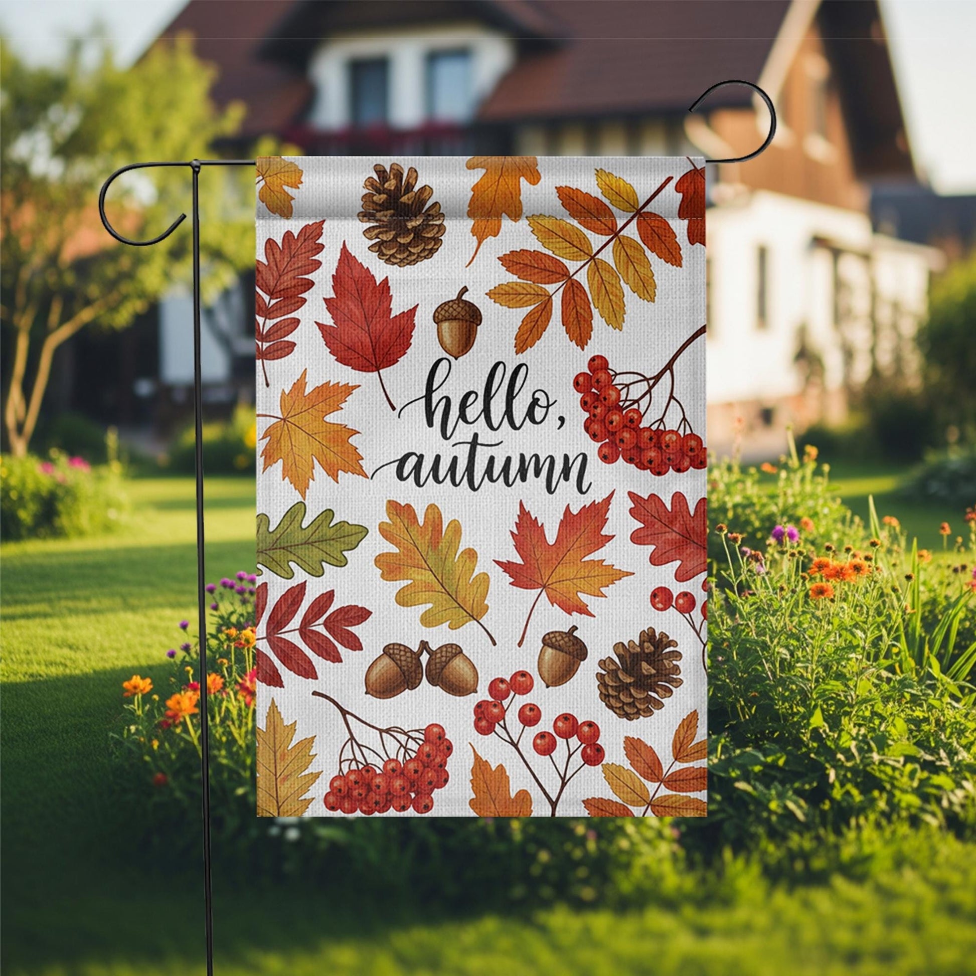Hello Autumn Garden Flag – Fall Yard Decor with Leaves, Acorns & Berries – Seasonal Outdoor Flag for Porch, Lawn, or Front Door