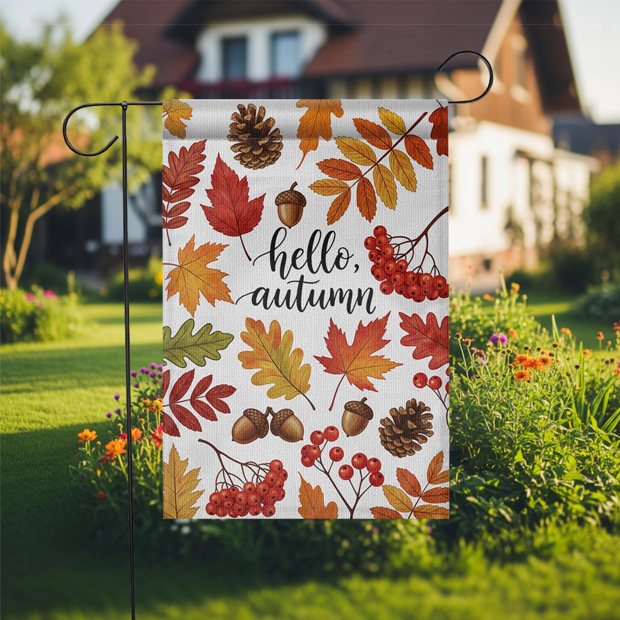 Hello Autumn Garden Flag – Fall Yard Decor with Leaves, Acorns & Berries – Seasonal Outdoor Flag for Porch, Lawn, or Front Door