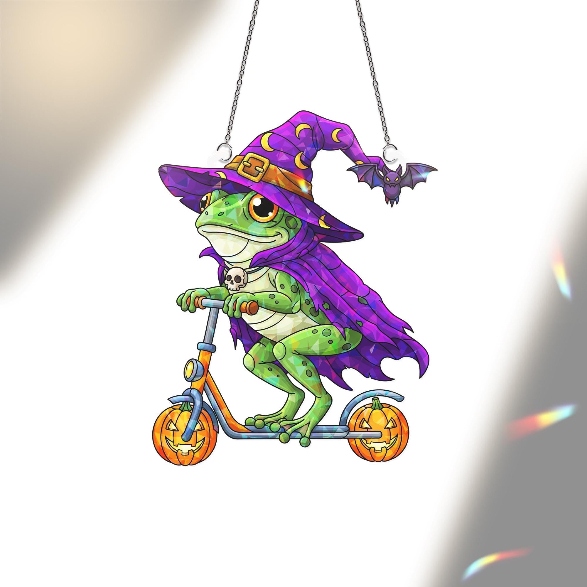 Funny Halloween Frog Suncatcher – Witch Frog on Scooter Window Hanging Decor