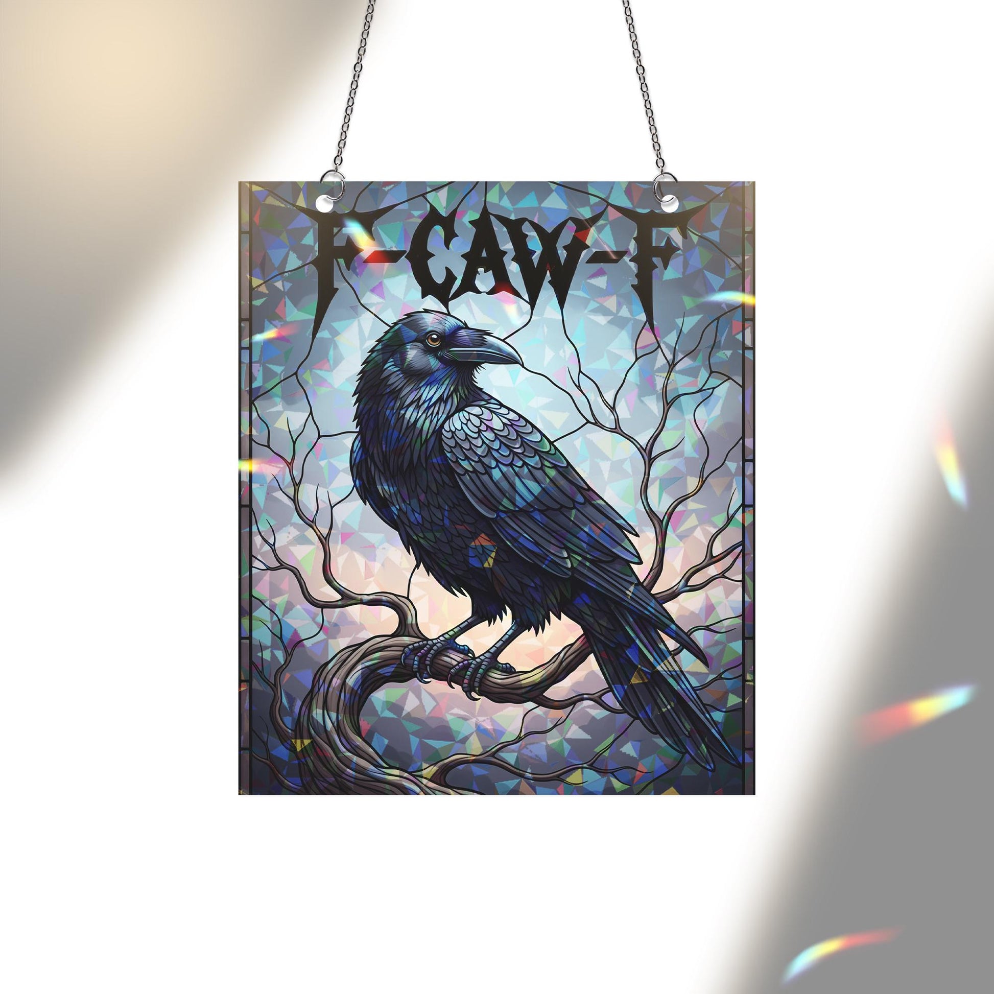 Gothic Raven Suncatcher – Funny F-Caw-F Window Hanging Crow Halloween Decor